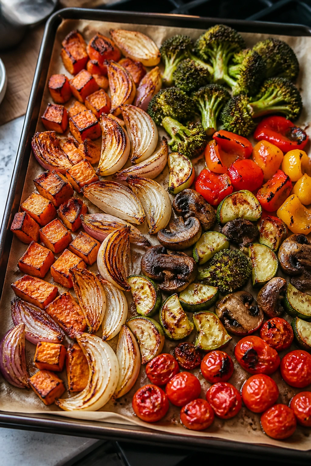 Different vegetables browning at different paces on a sheet pan