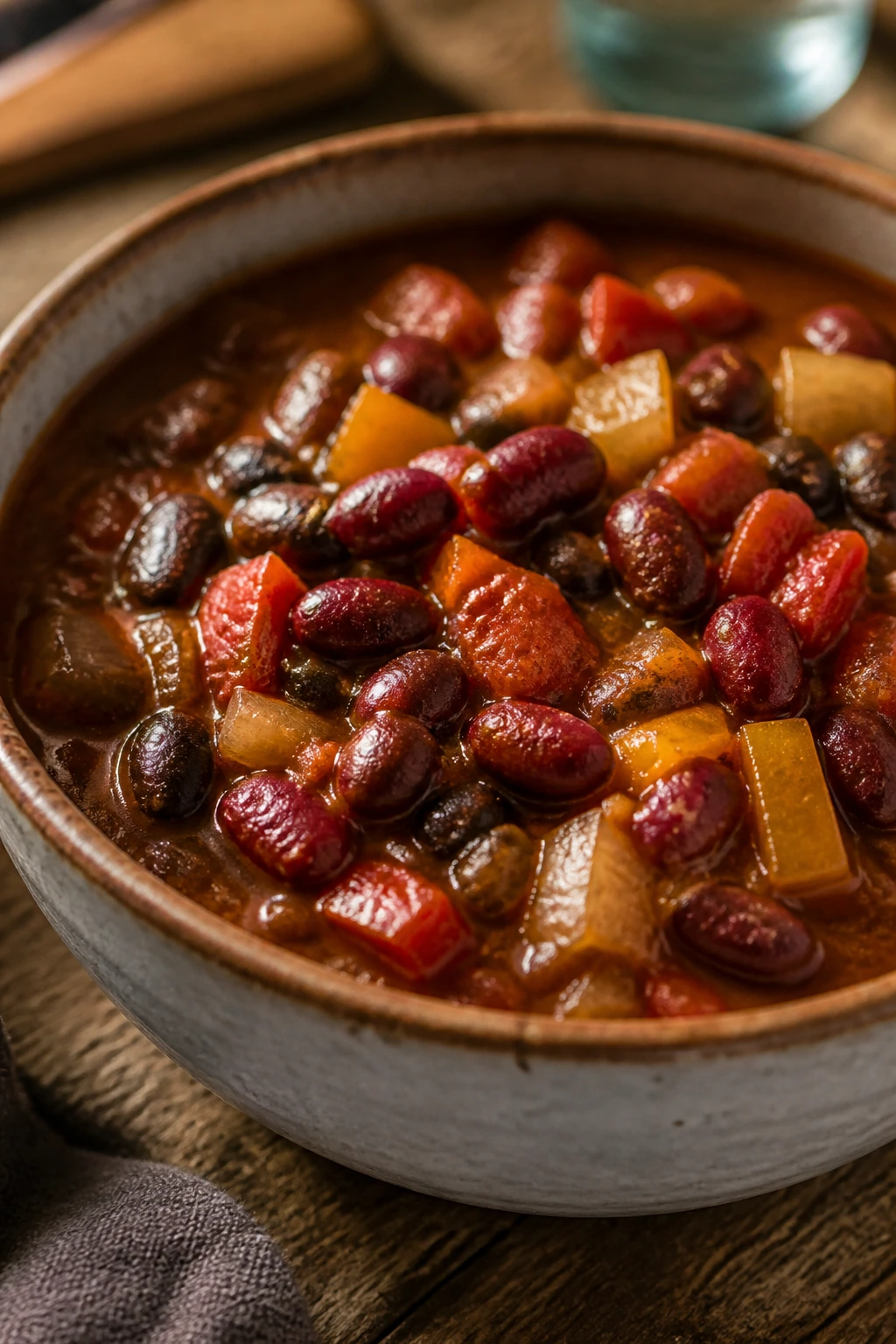 Close-up of hearty vegetable chili with beans in a rustic bowl