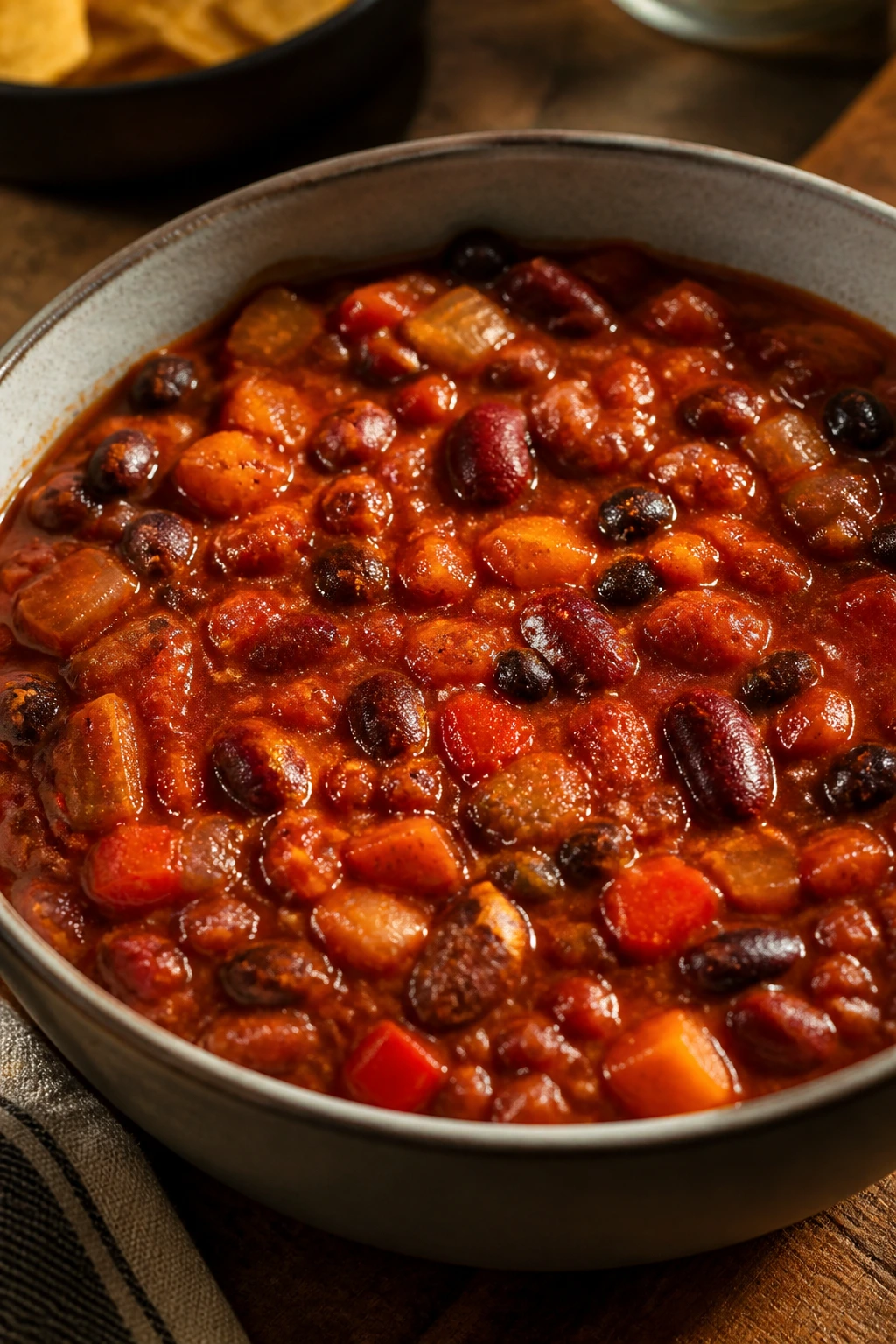 Hearty vegetable chili in a bowl with beans and peppers