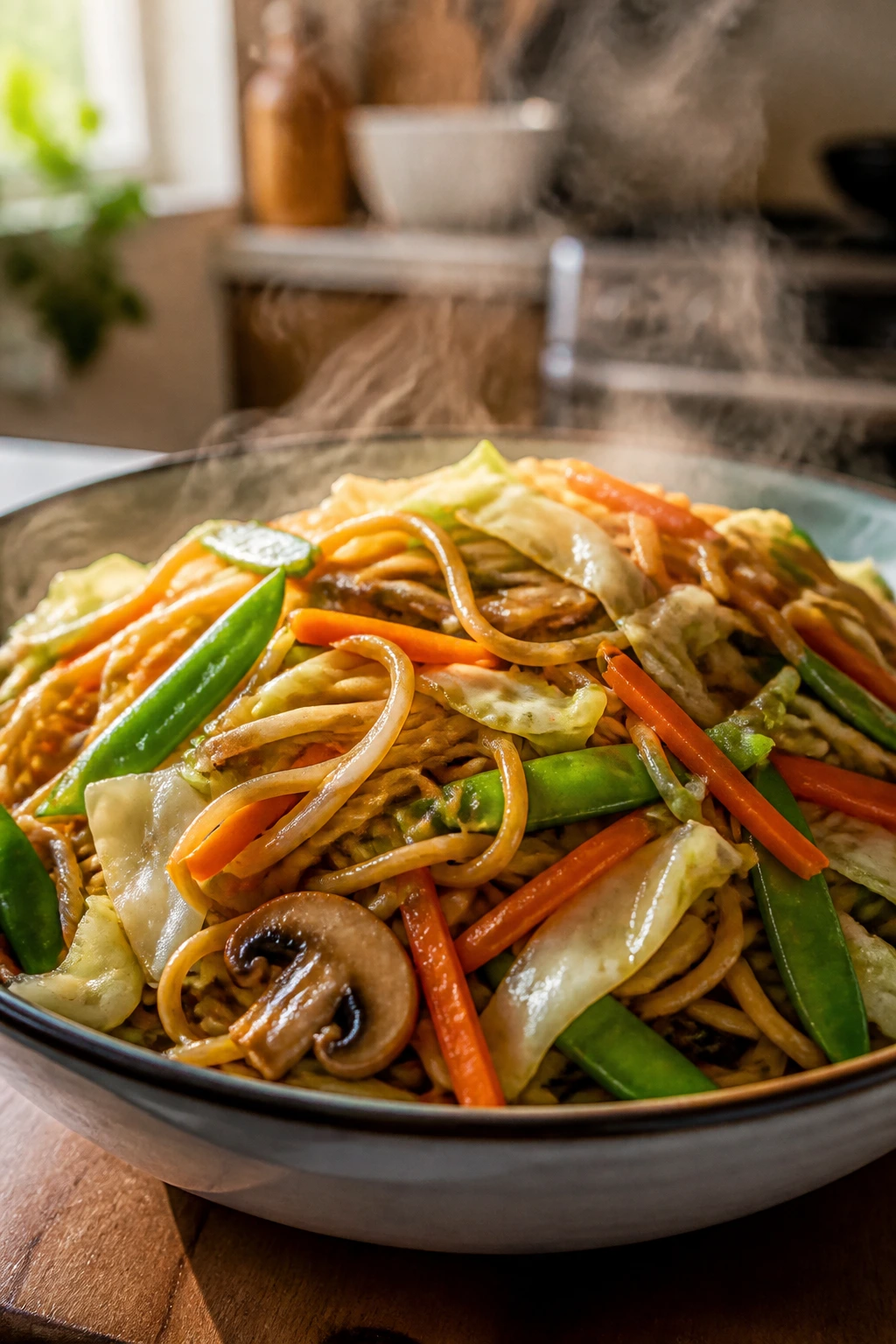 Close-up of glossy vegetable chow mein bowl with crisp veggies and steam