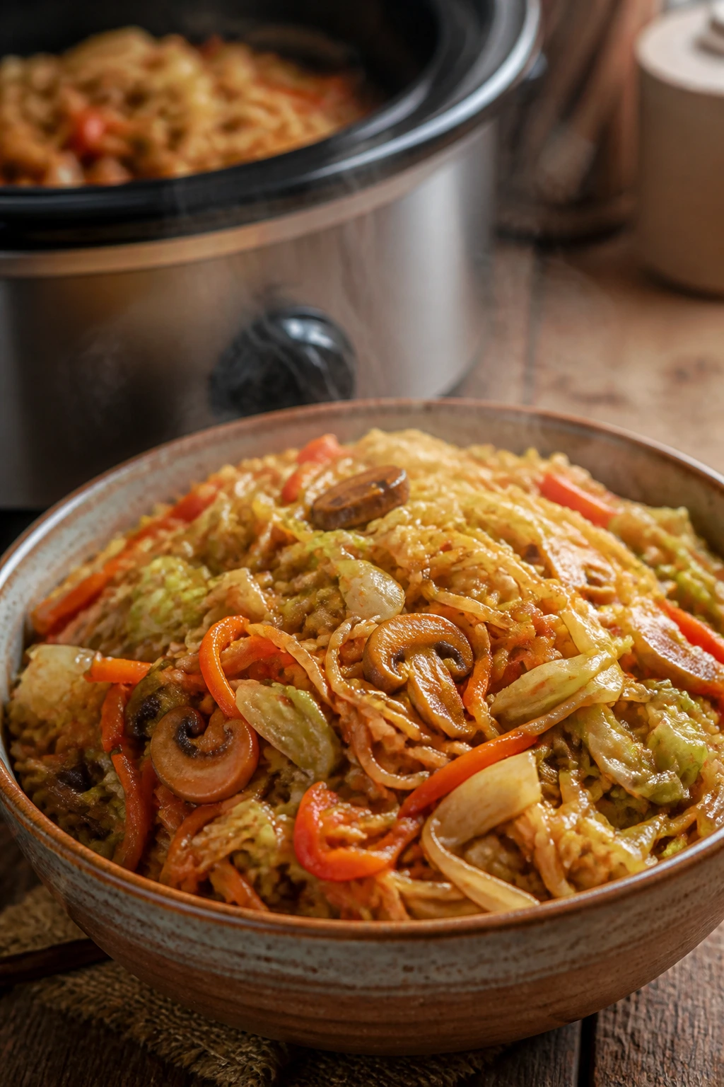Close-up of Crockpot Vegetable Chow Mein in a steaming bowl with cabbage, carrots, mushrooms, and peppers on a kitchen counter