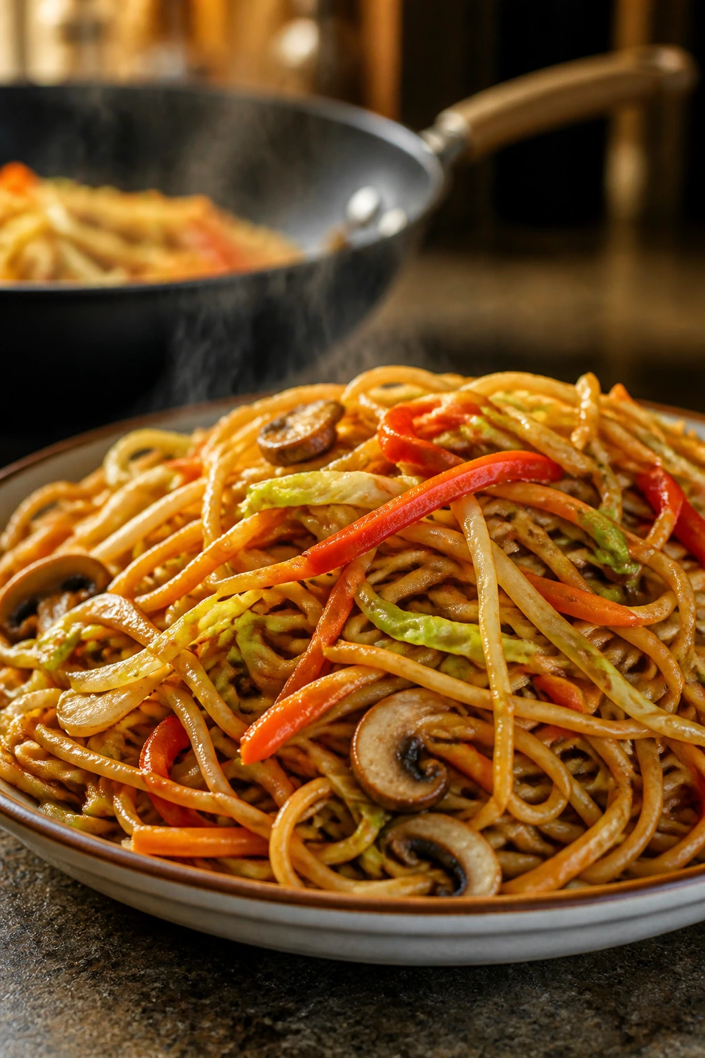 Close-up of colorful vegetable chow mein with cabbage and mushrooms