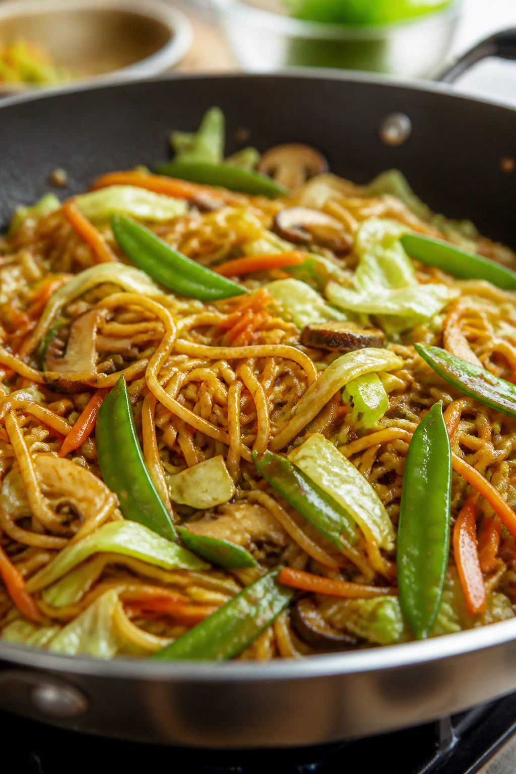 Glossy chow mein in a pan with cabbage, mushrooms, carrots, and snap peas