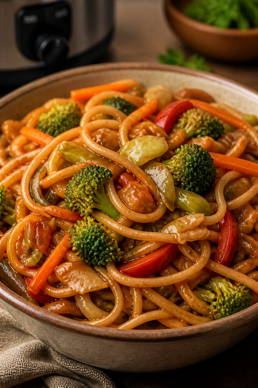 Close-up of vegetable chow mein with noodles and vegetables