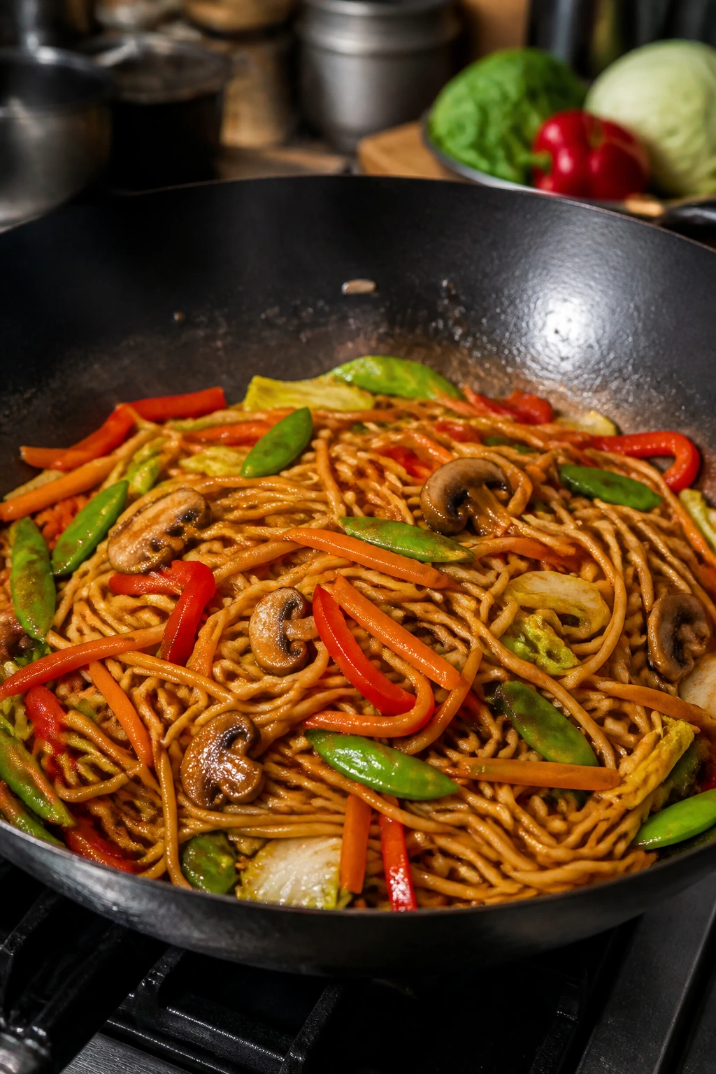 Close-up of glossy vegetable chow mein in a wok during stir-fry