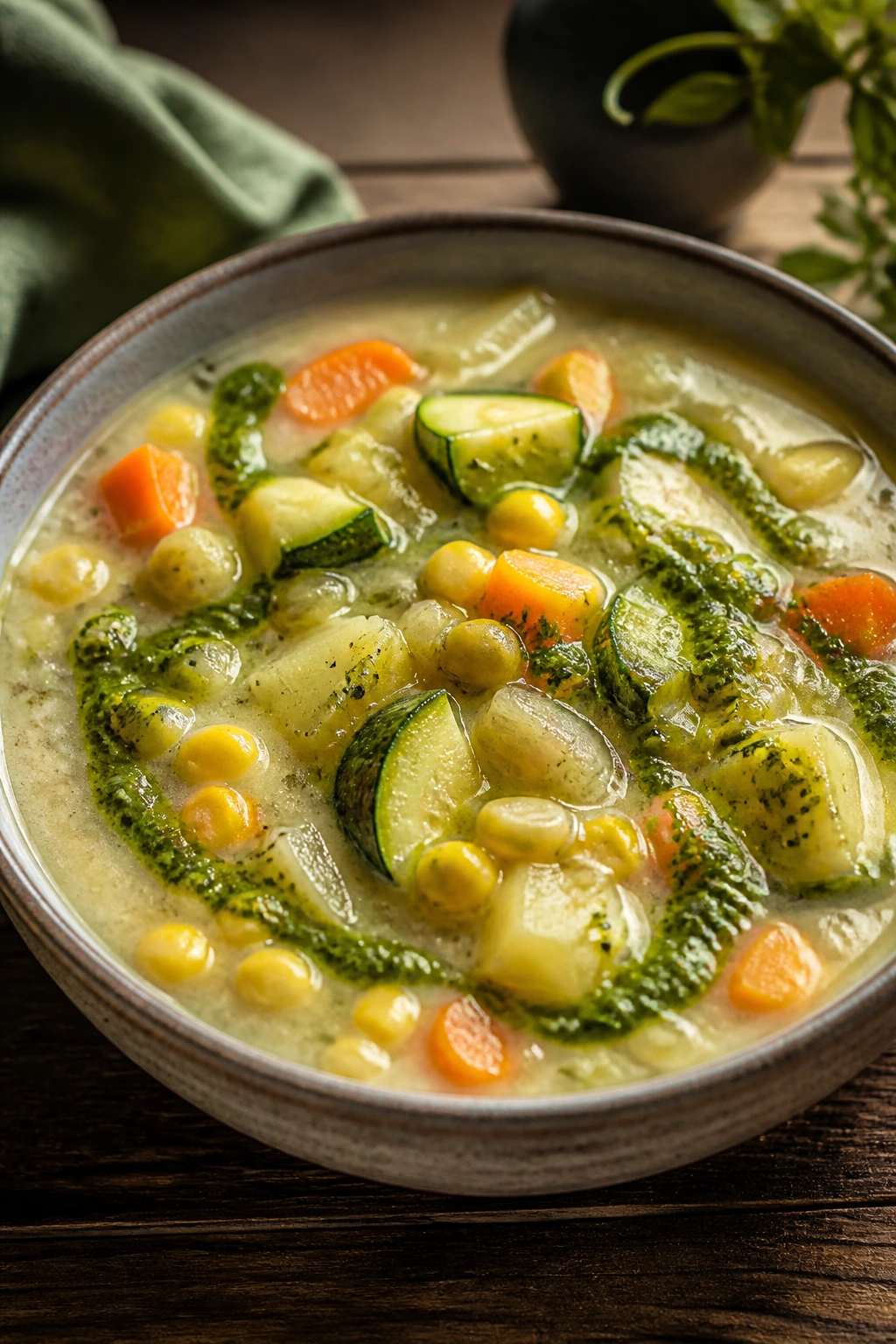 Creamy vegetable chowder with pesto swirled on top in a bowl