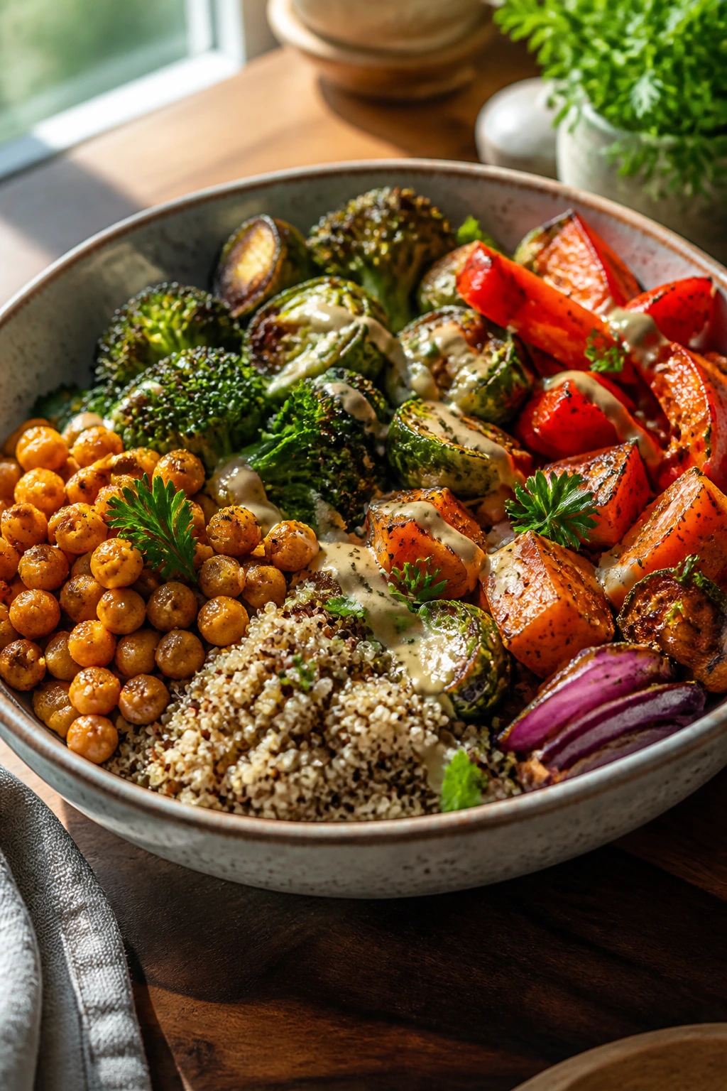 Colorful veggie dinner bowl with roasted vegetables, quinoa, and chickpeas on wooden counter