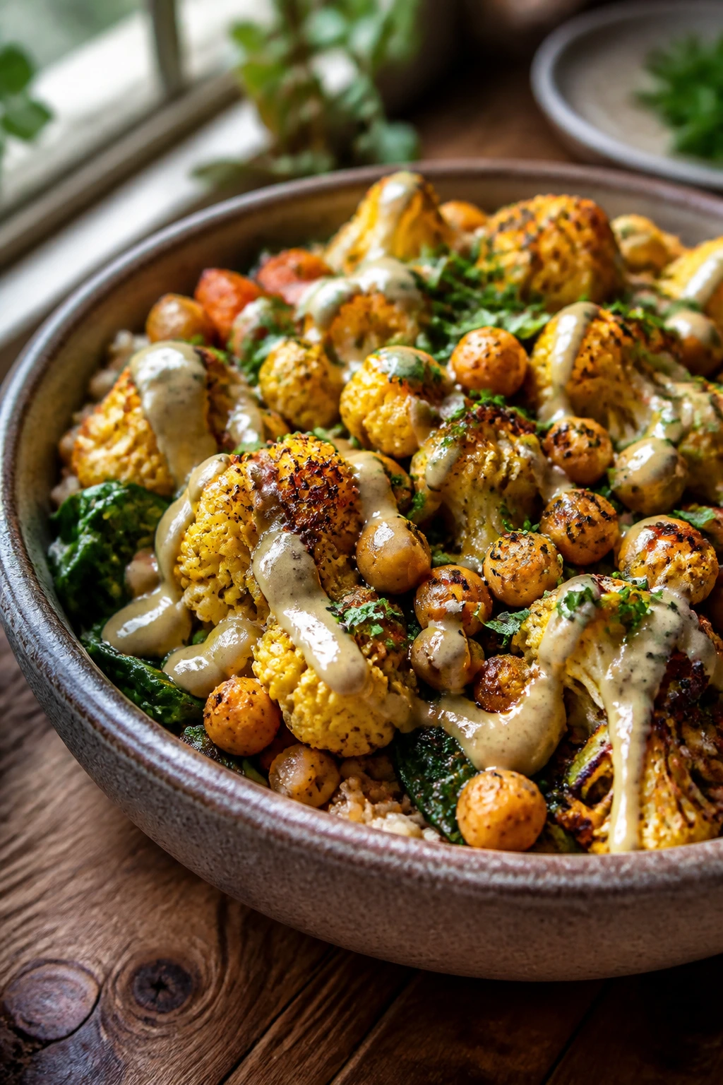 Hearty bowl of roasted cauliflower, chickpeas, and tahini