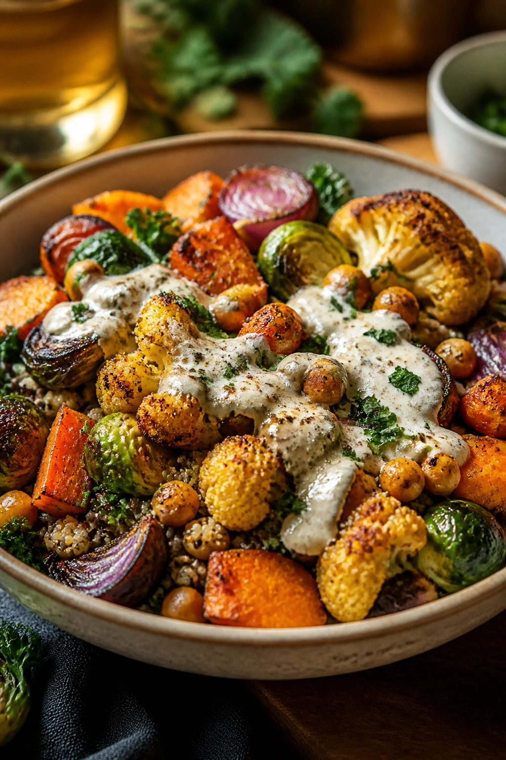 Hearty vegetable dinner plate with beans and grains for fullness