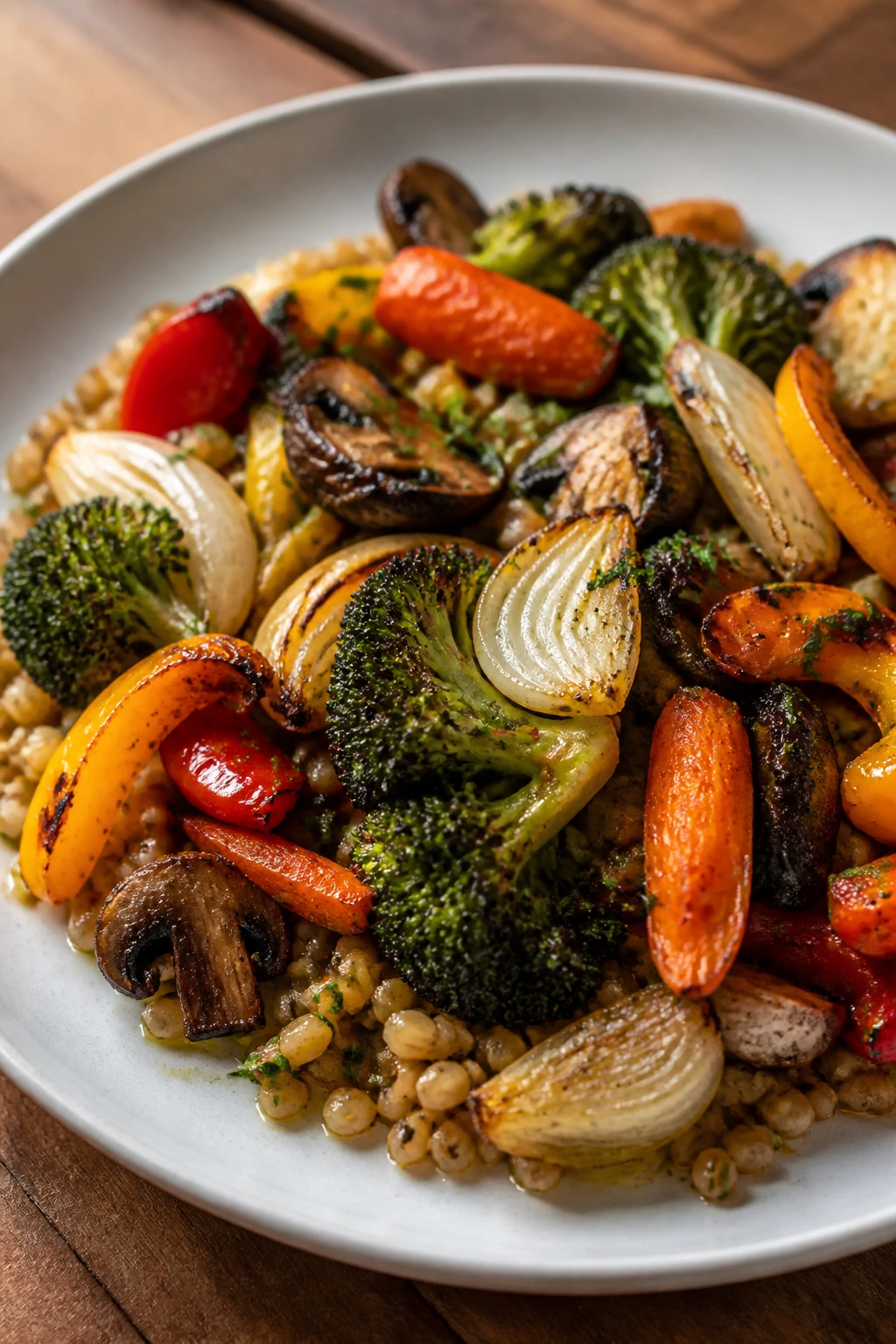 Plate of vegetable-forward dinner with roasted vegetables