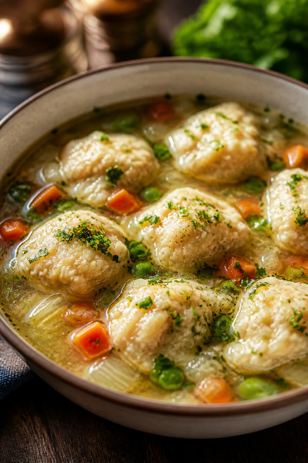 Close-up of vegetable soup with dumplings in a light broth