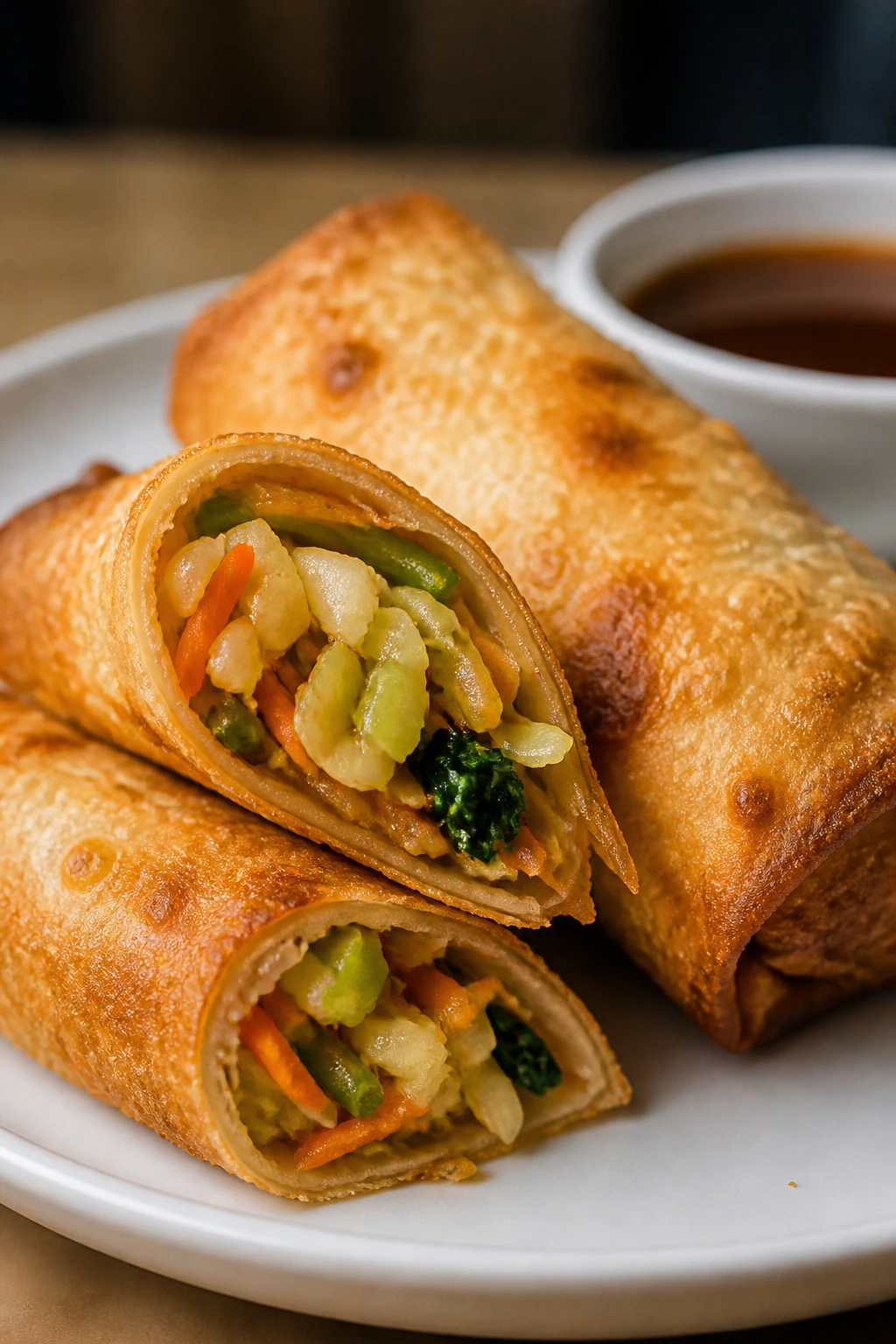 Half-cut vegetable egg roll showing colorful veggie filling on plate