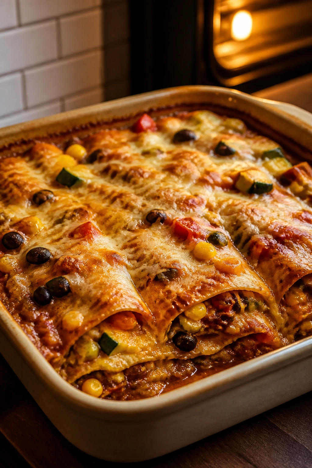 Layered vegetable enchilada casserole in a baking dish