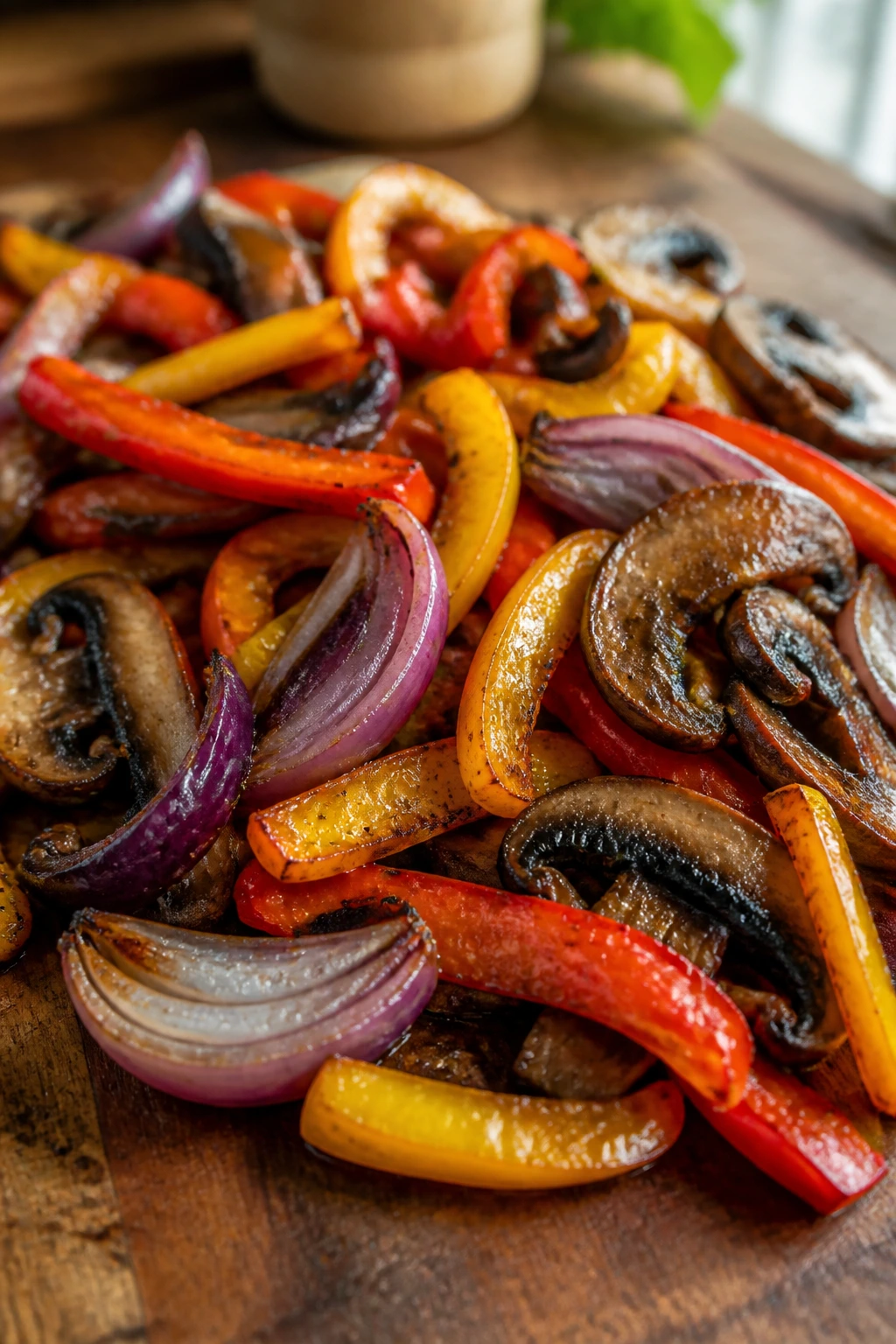Close-up of colorful fajita vegetables (peppers, onions, portobellos) filling the frame on a wooden cutting board.