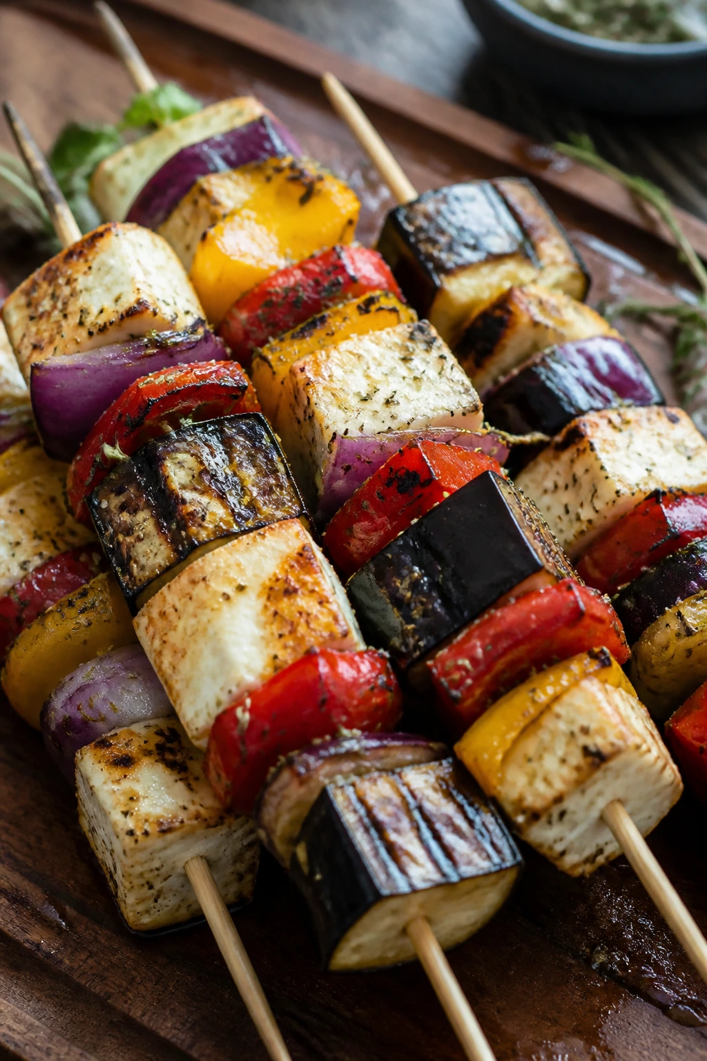 Vegetable and feta skewers on a grill with feta edges warm