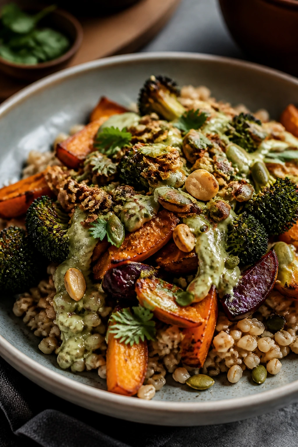 Plate with roasted vegetables, grains, and toppings showing a complete veggie-forward dinner