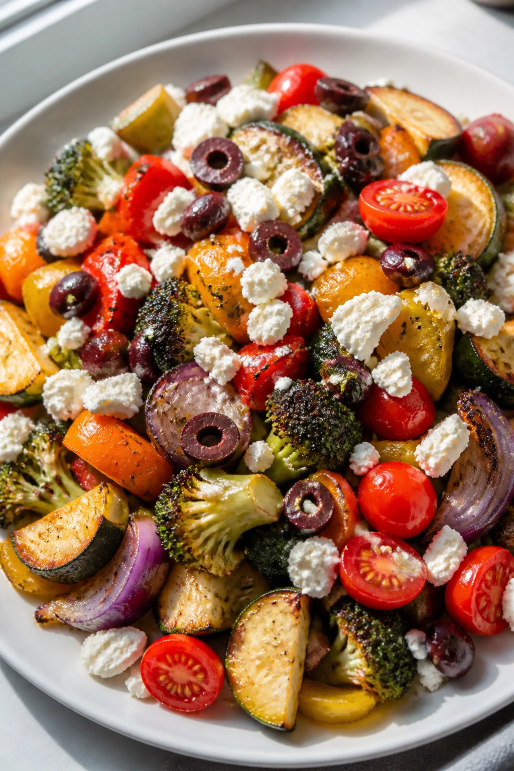 Roasted vegetables topped with feta, olives, and cherry tomatoes