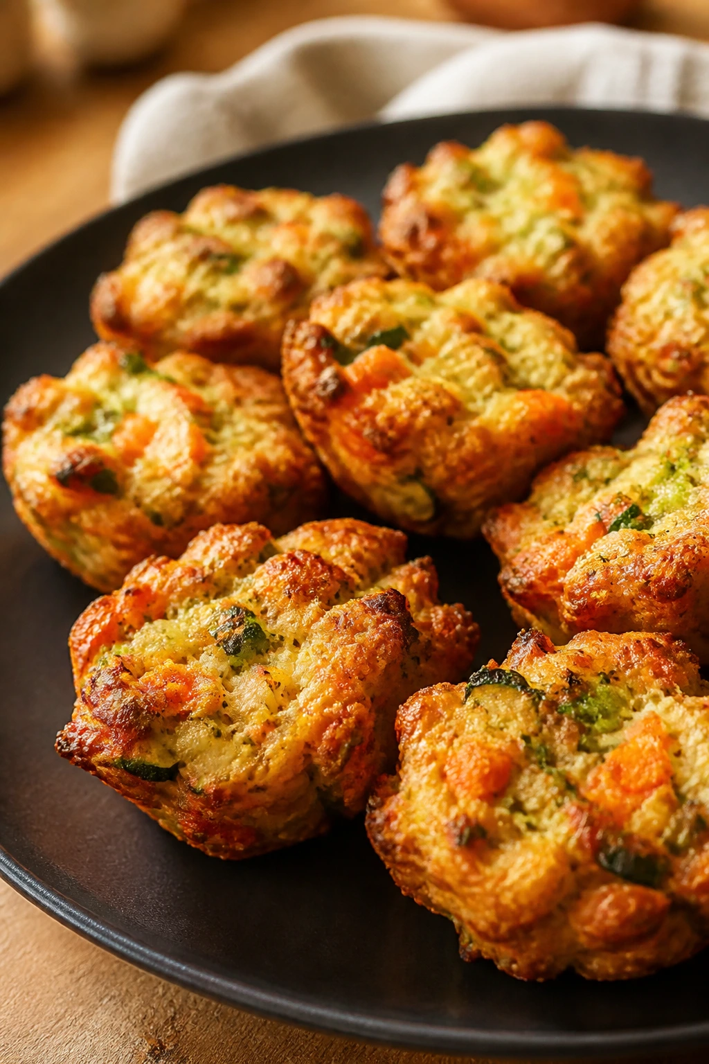 Close-up of crispy vegetable flower bites on a plate in a warm kitchen