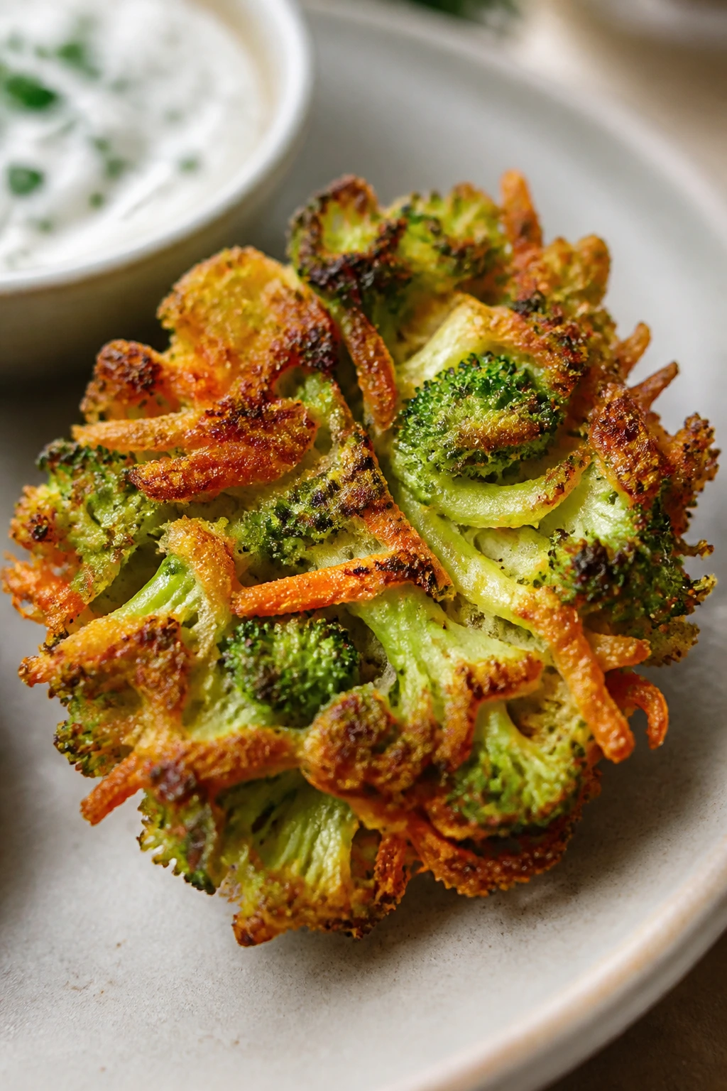 Single crispy vegetable flower bite close-up