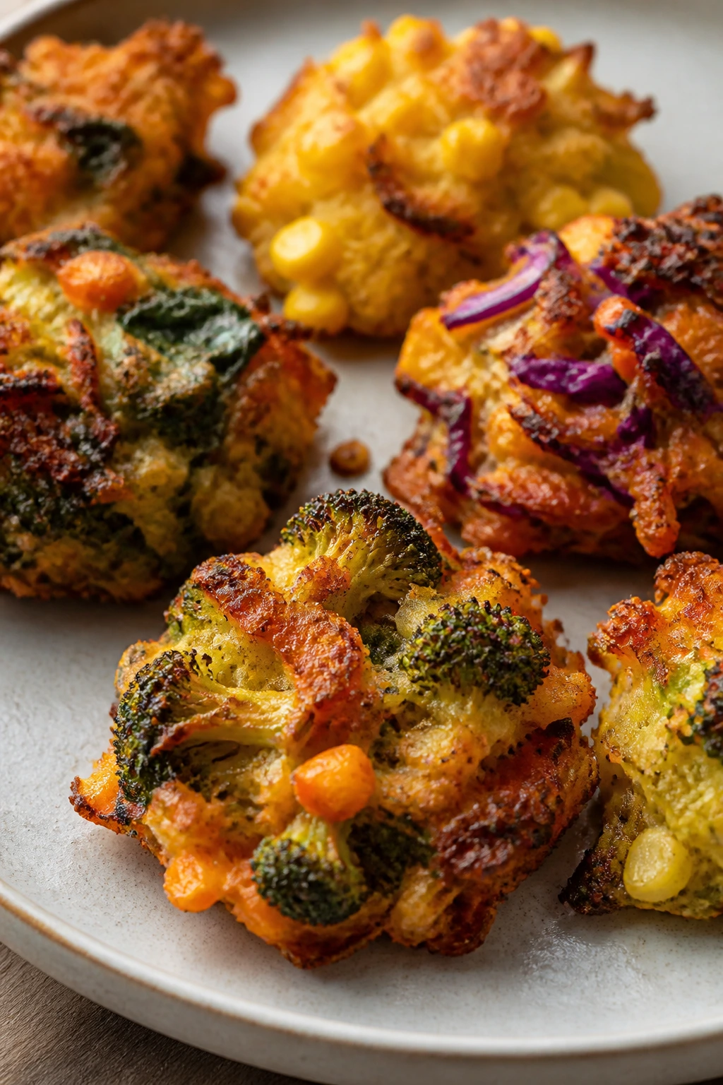 Several crispy veggie flower bites showing color and browning