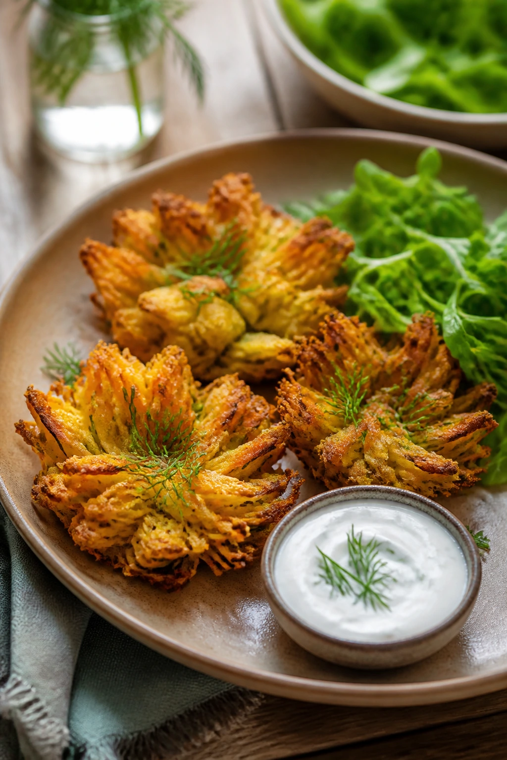Plate of crispy vegetable flowers with yogurt sauce on the side