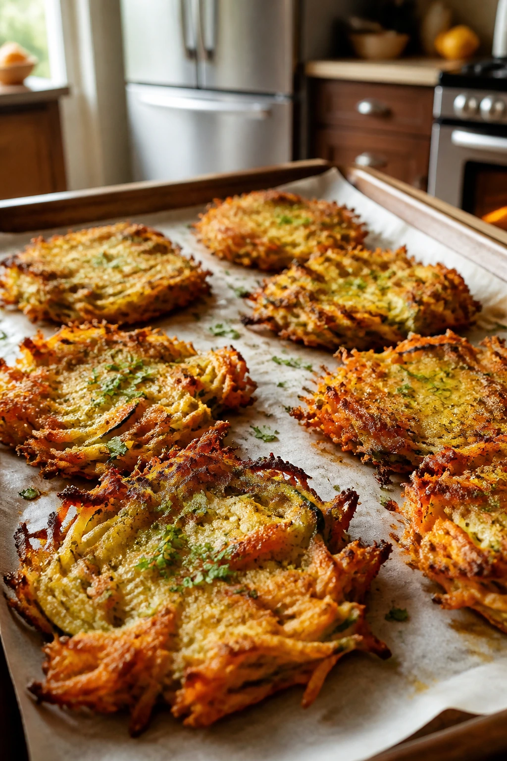 Close-up of crispy vegetable flowers on parchment-lined baking sheet in a kitchen