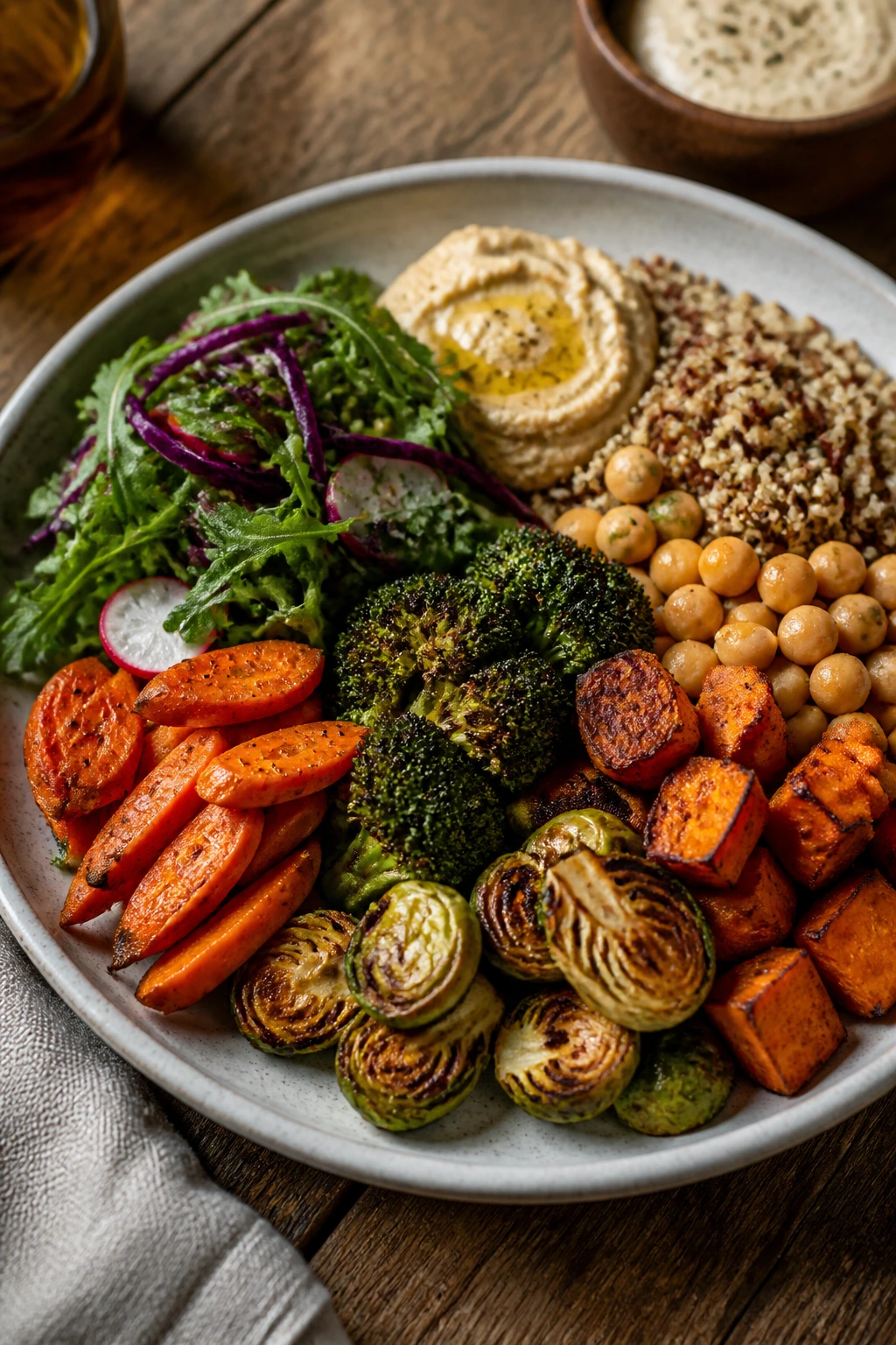 Close-up of a beautifully plated vegetable-forward dinner with color-separated components