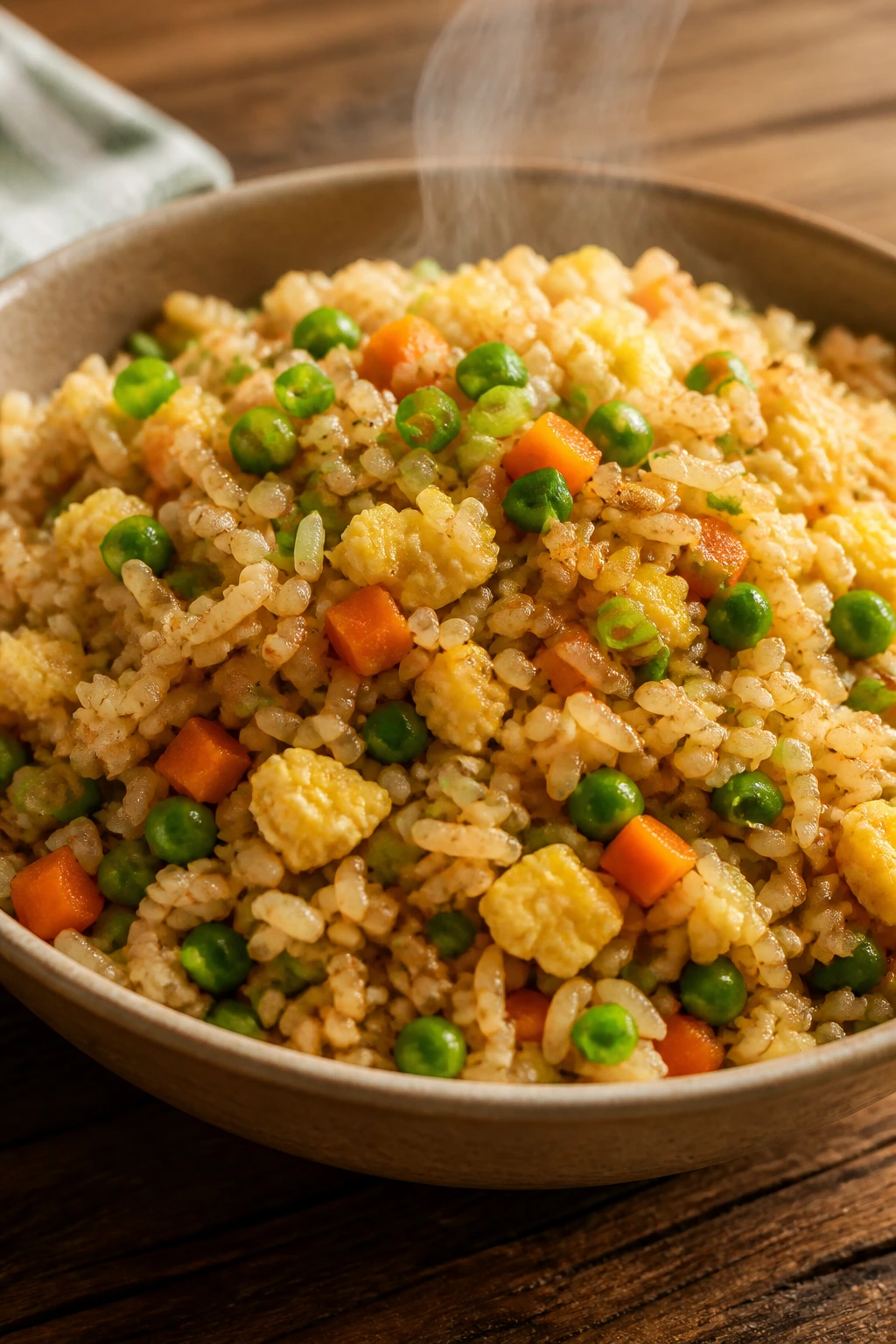 Bowl of vegetable fried rice with peas and carrots