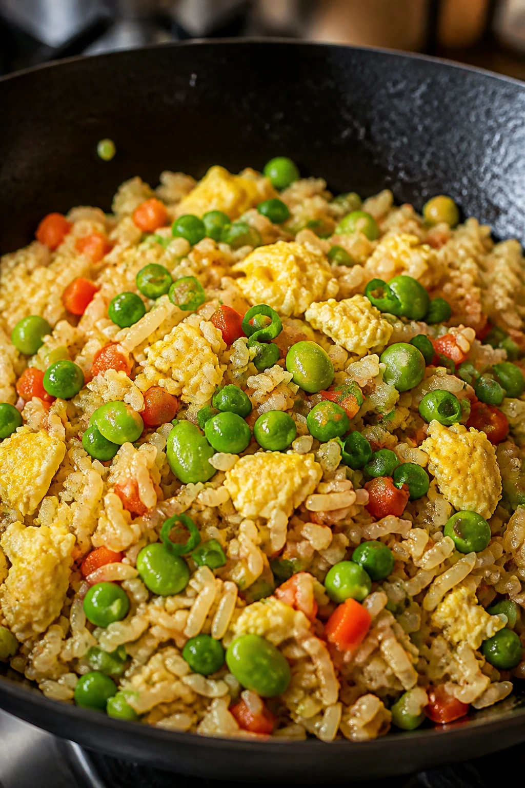 Close-up of vegetable fried rice with eggs and edamame in a wok