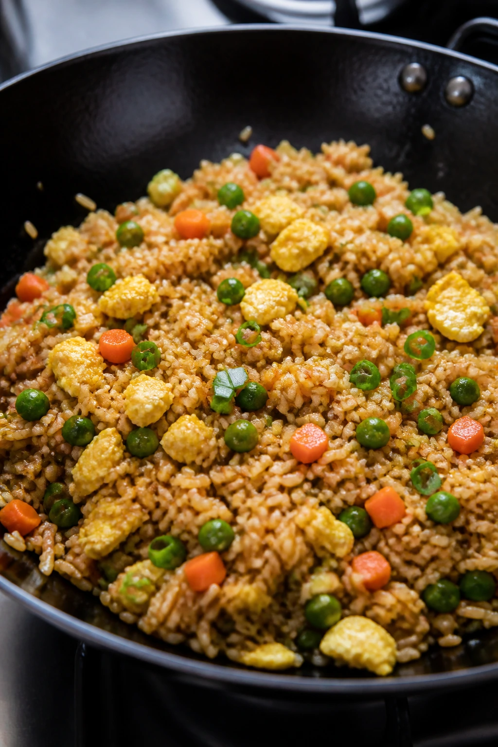Wok of vegetable egg fried rice with peas and carrots