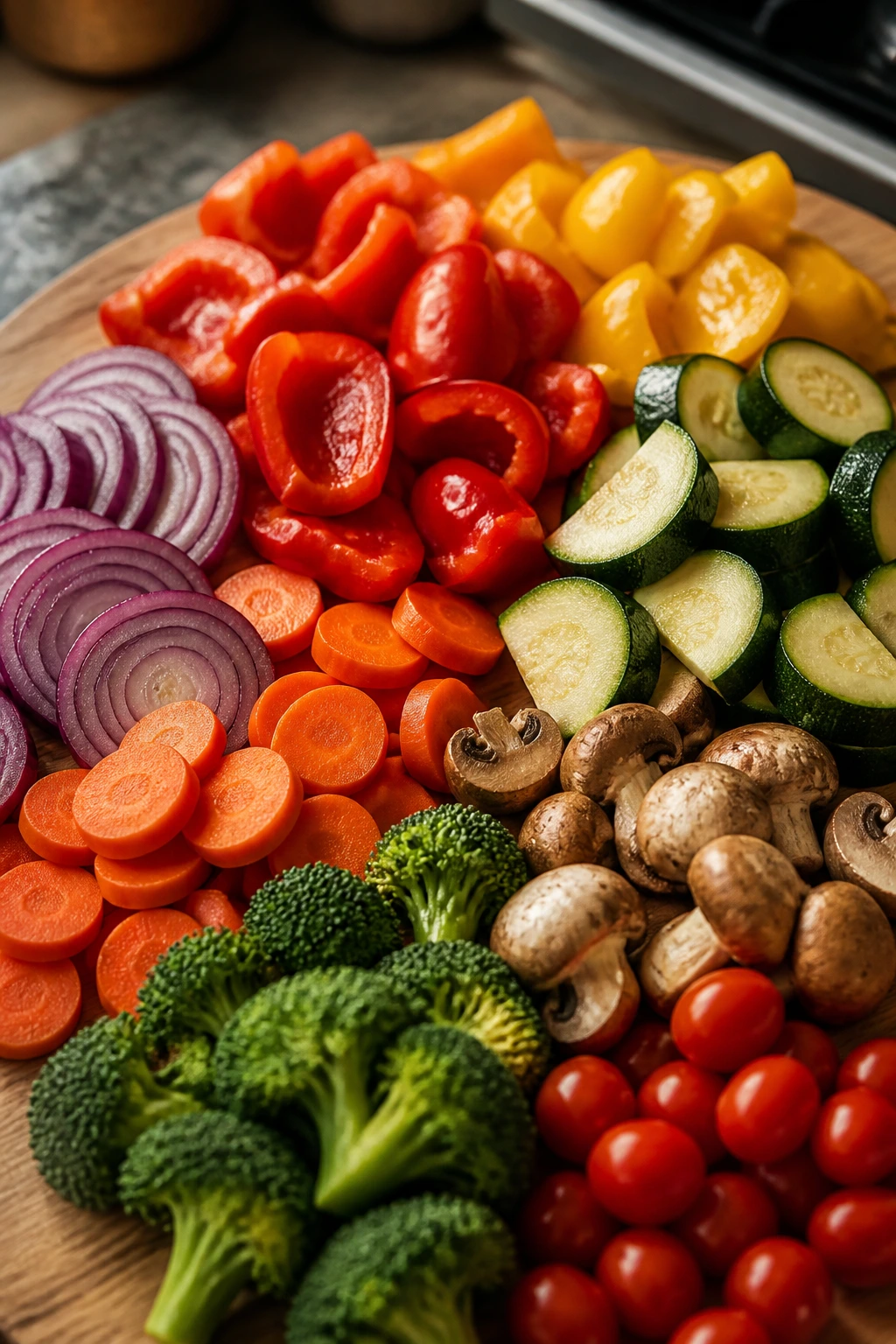 Colorful vegetables arranged for roasting on a board
