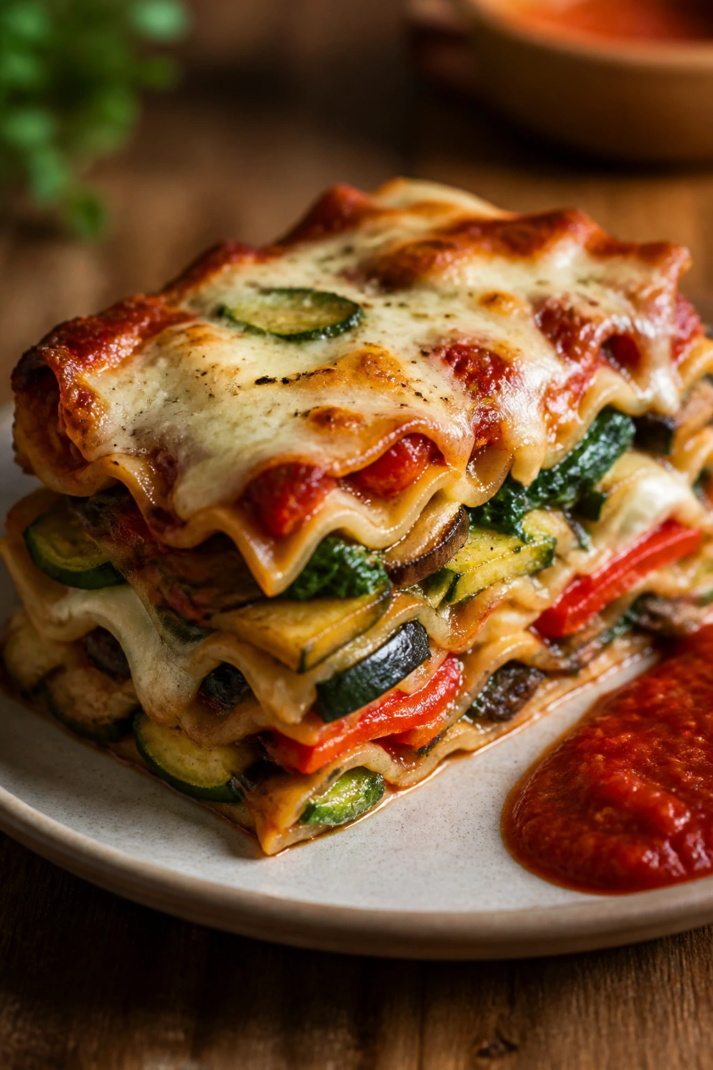 Close-up slice of vegetable lasagna showing layers and cheese.