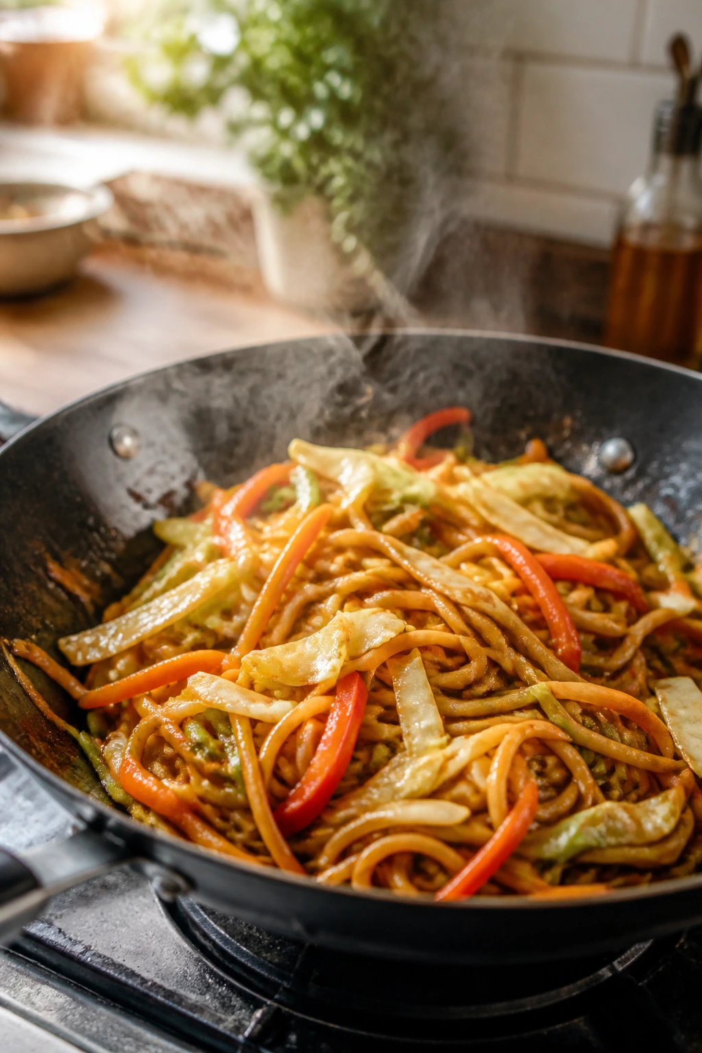 Close-up of vegetable lo mein in a wok with colorful veggies