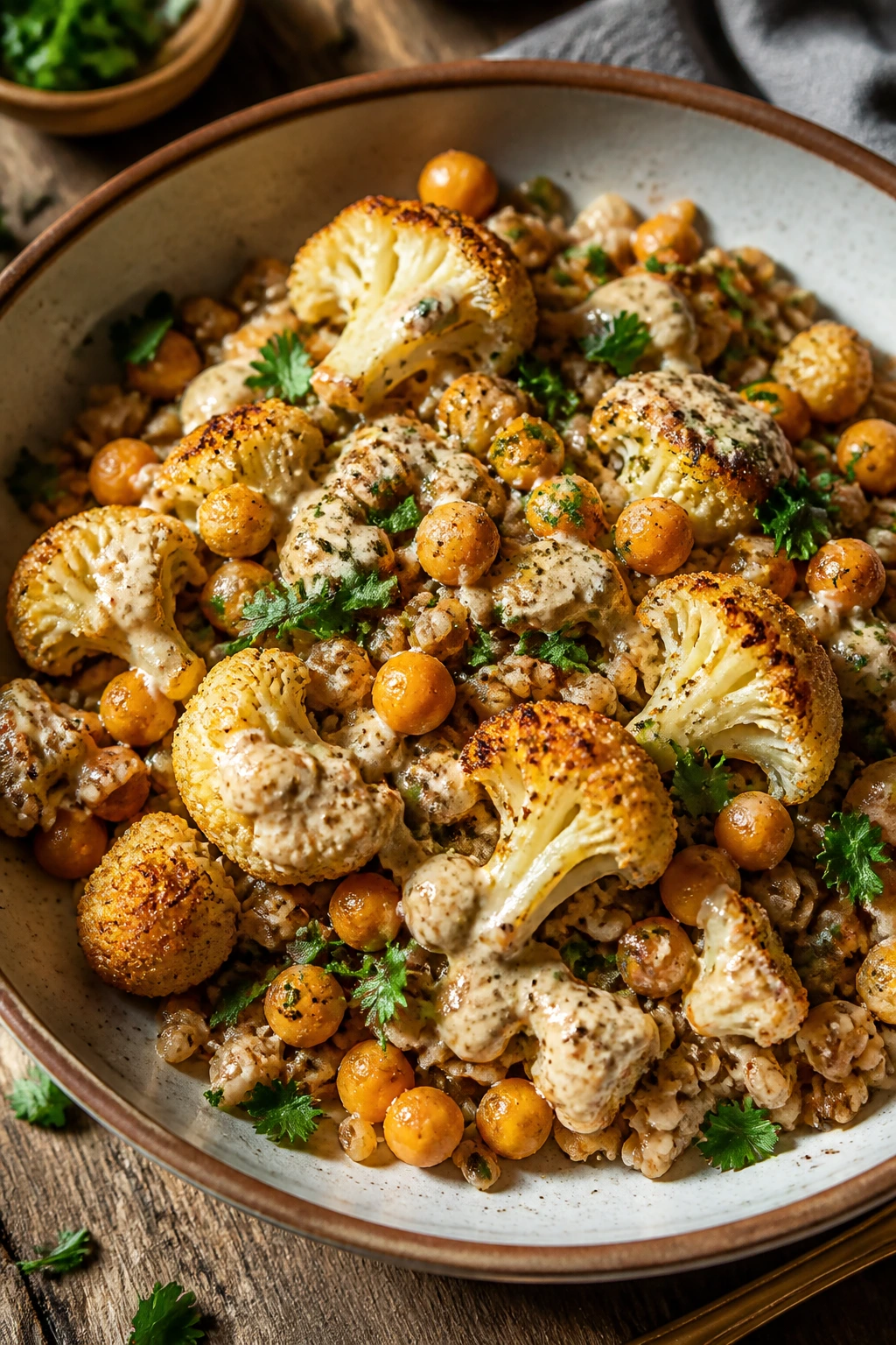 Close-up of a colorful vegetable-forward bowl with cauliflower, chickpeas, tahini, herbs and farro