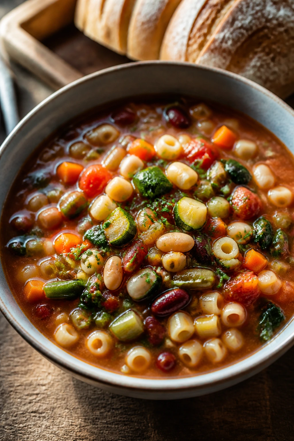 Hearty vegetable minestrone in a bowl on a kitchen table