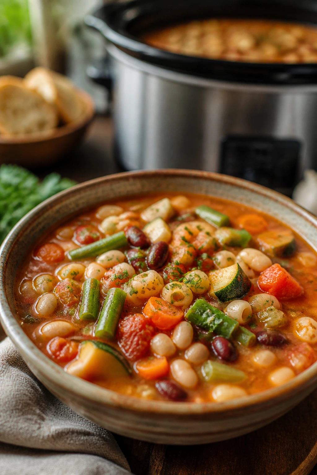Vibrant vegetable minestrone in a bowl on a rustic counter.
