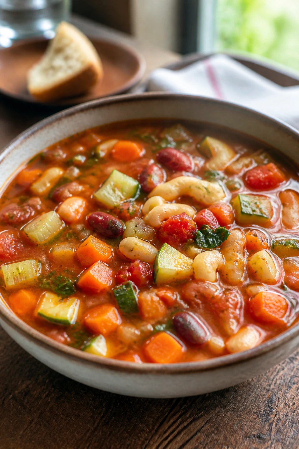 Close-up of vegetable minestrone soup in a rustic bowl with colorful vegetables