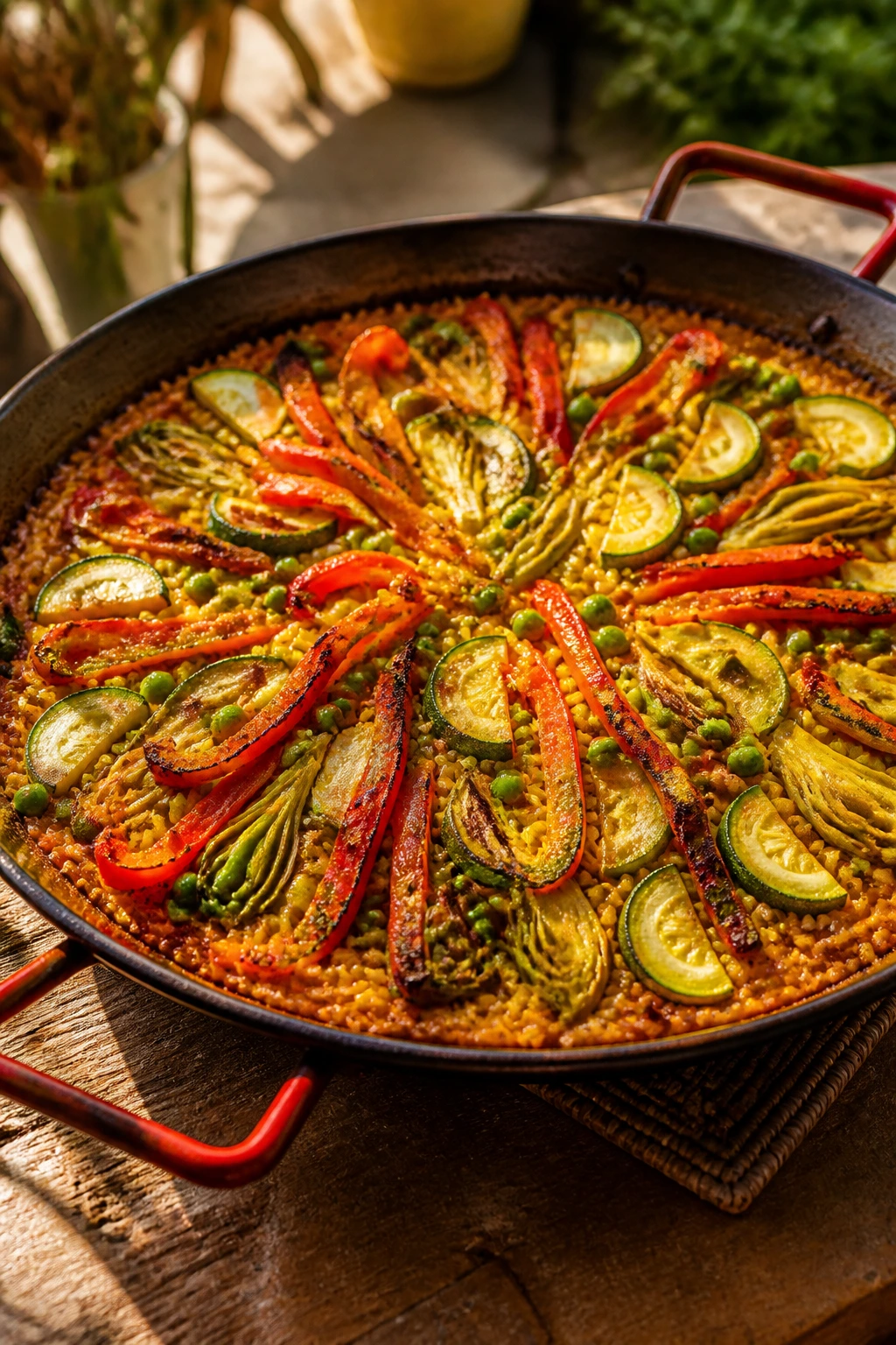 Colorful vegetable paella with rice and peppers in a wide pan