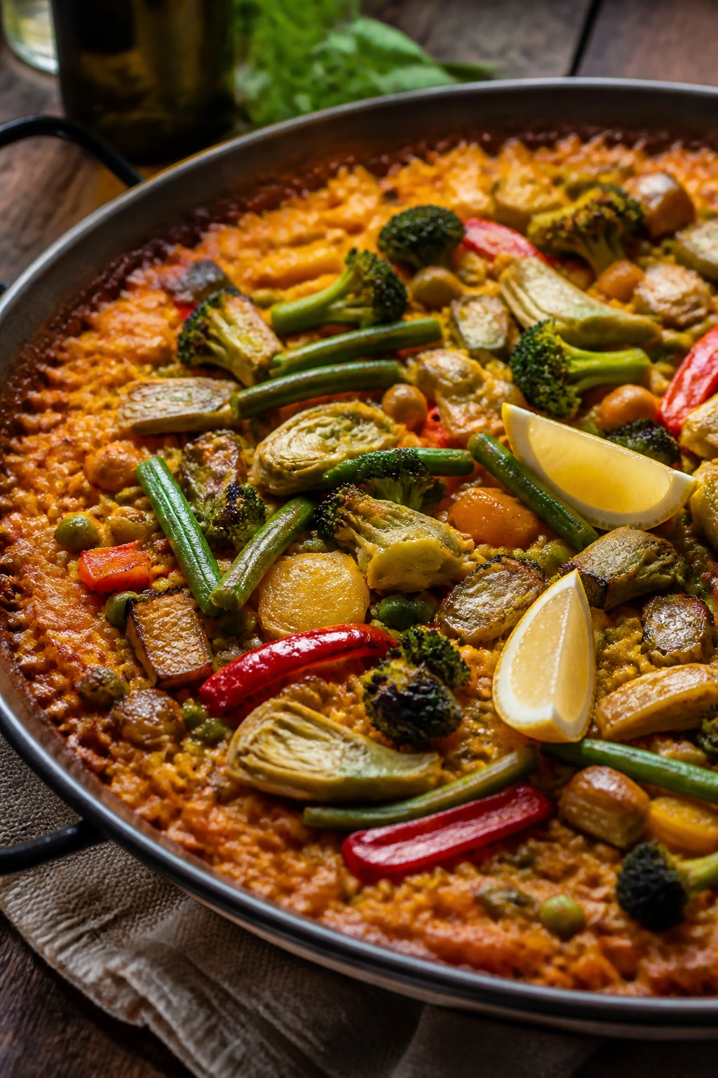 Vibrant vegetable paella in a wide pan with saffron rice