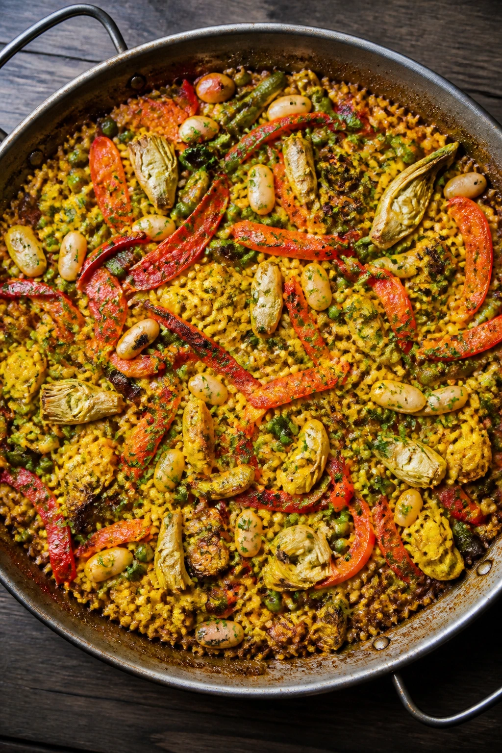 Pan of vegetable paella with colorful vegetables