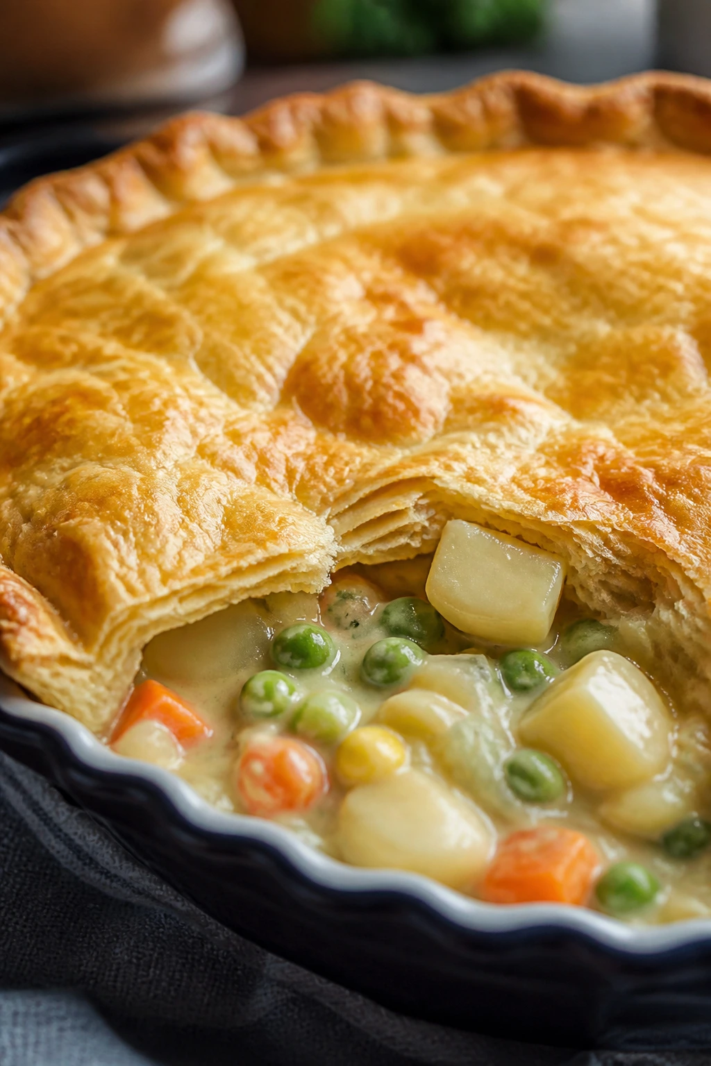 Golden vegetable pot pie with flaky crust.