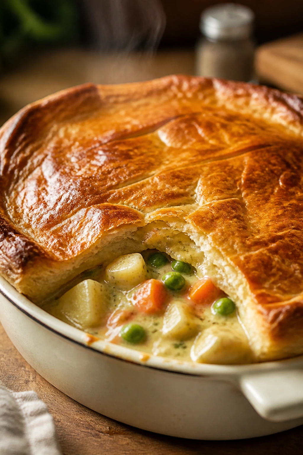 Bubbling vegetable pot pie with puff pastry lid in a baking dish