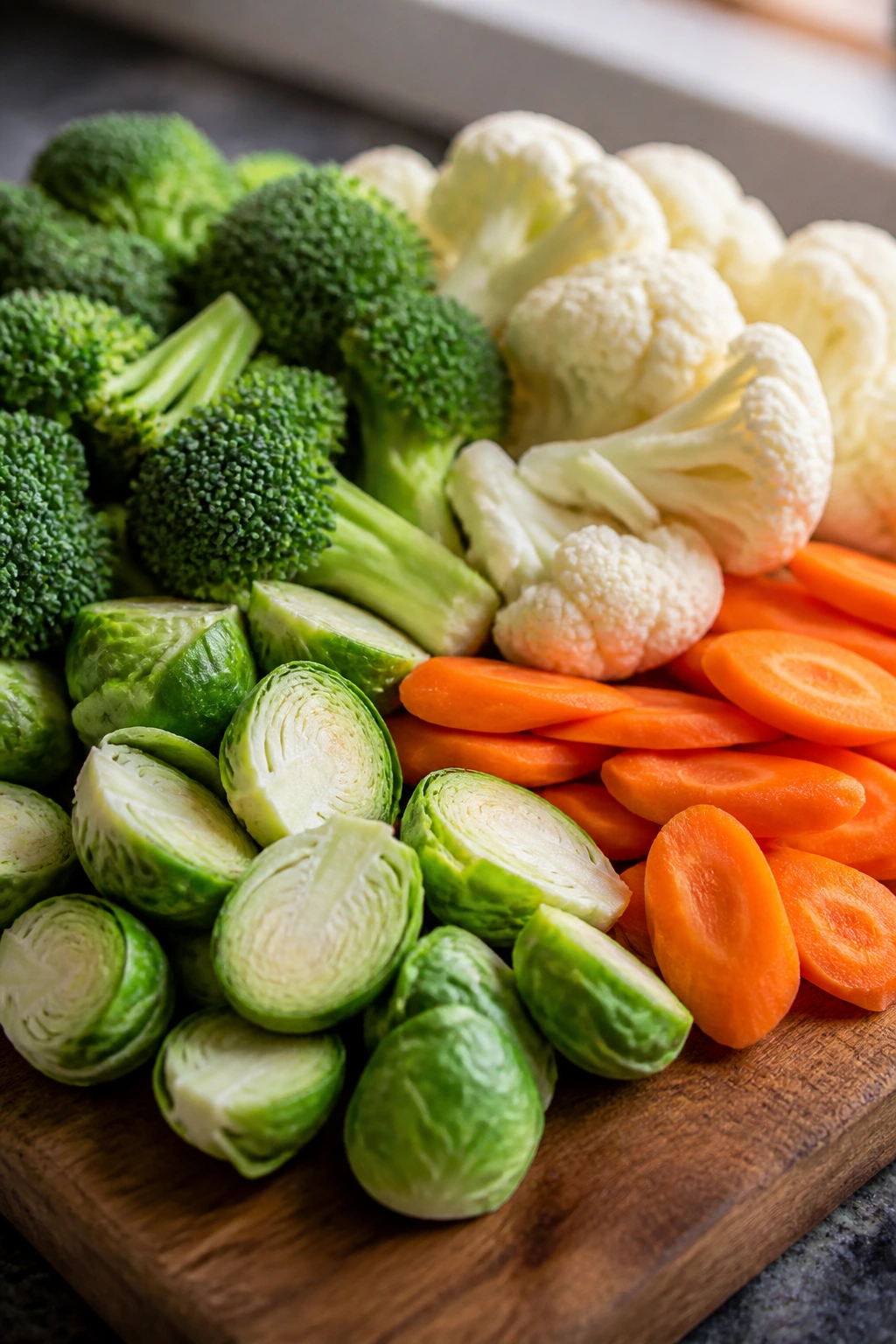 Cut vegetables arranged on a cutting board ready for roasting: sprouts, broccoli, cauliflower, carrots