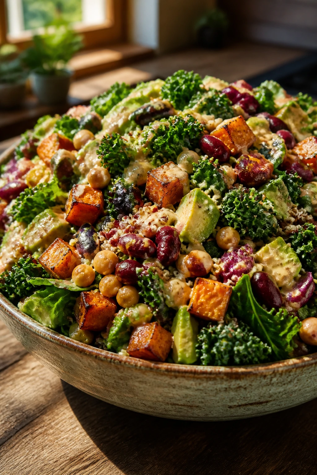 Close-up of a vibrant vegetable salad bowl filling the frame on a rustic table