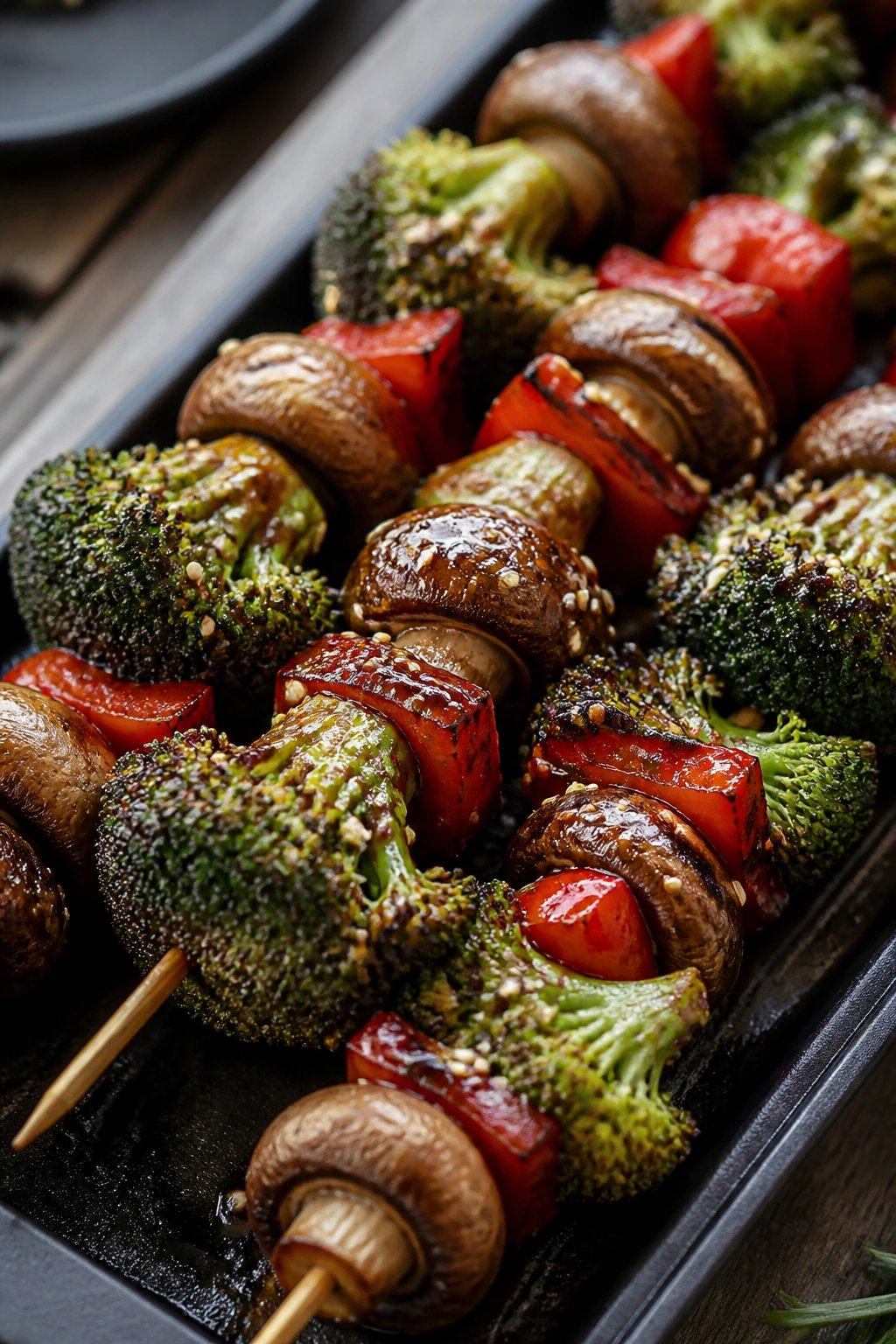 Close-up of glossy sesame-ginger broccoli and mushroom skewers on a grill