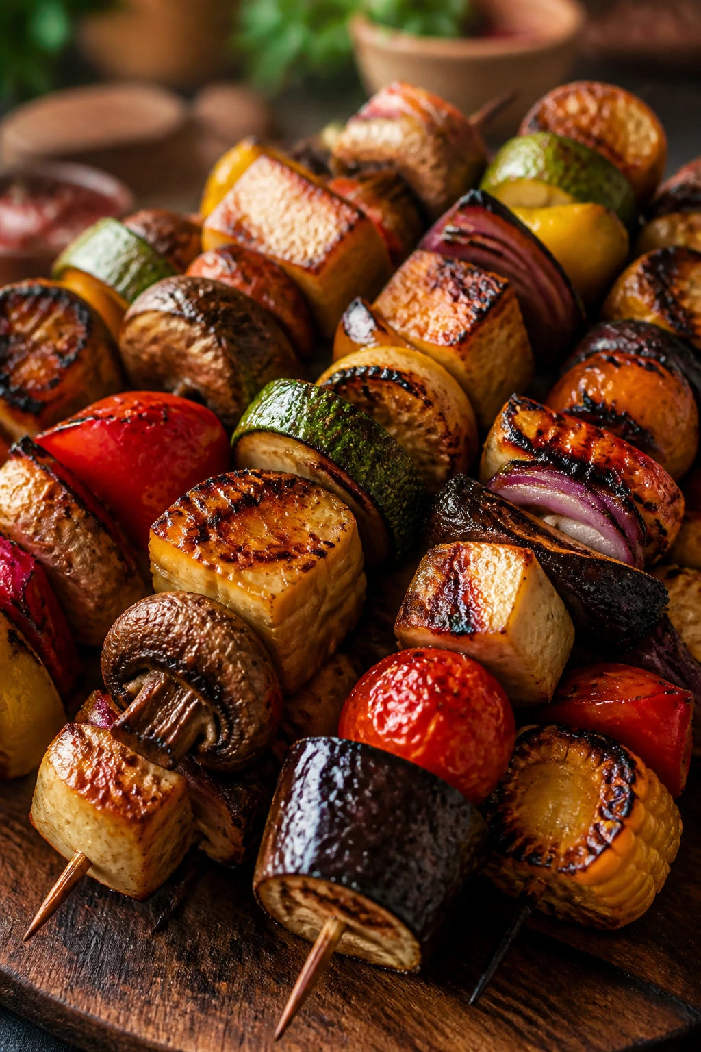 Close-up of colorful vegetable skewers on a rustic table