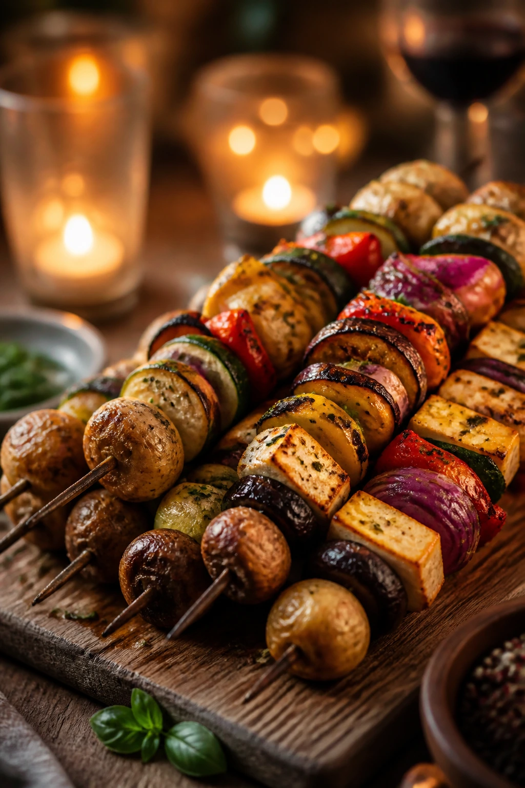 Colorful vegetable skewers on a rustic board ready for dinner
