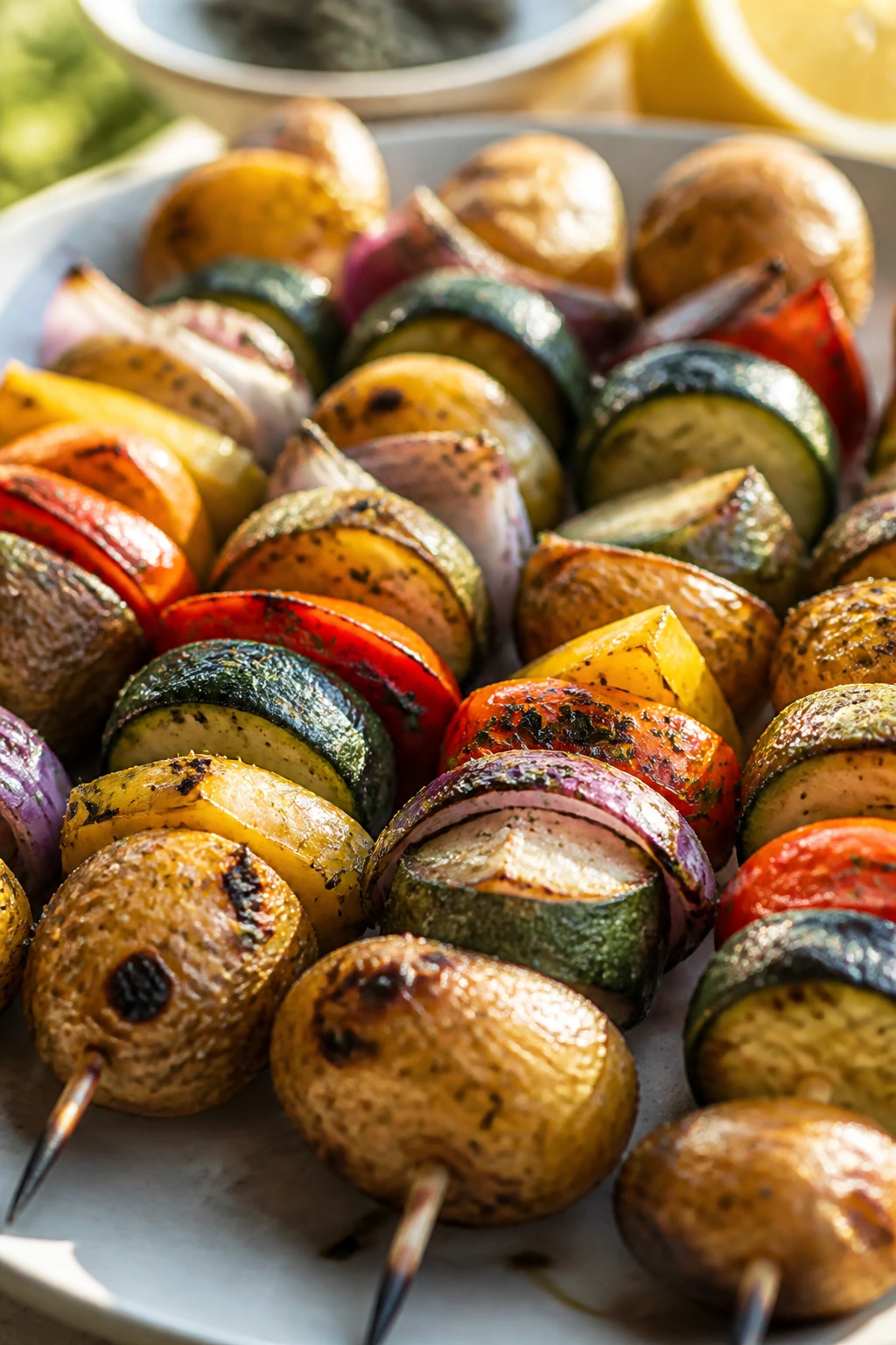 Close-up of Greek-style lemon-oregano veggie skewers