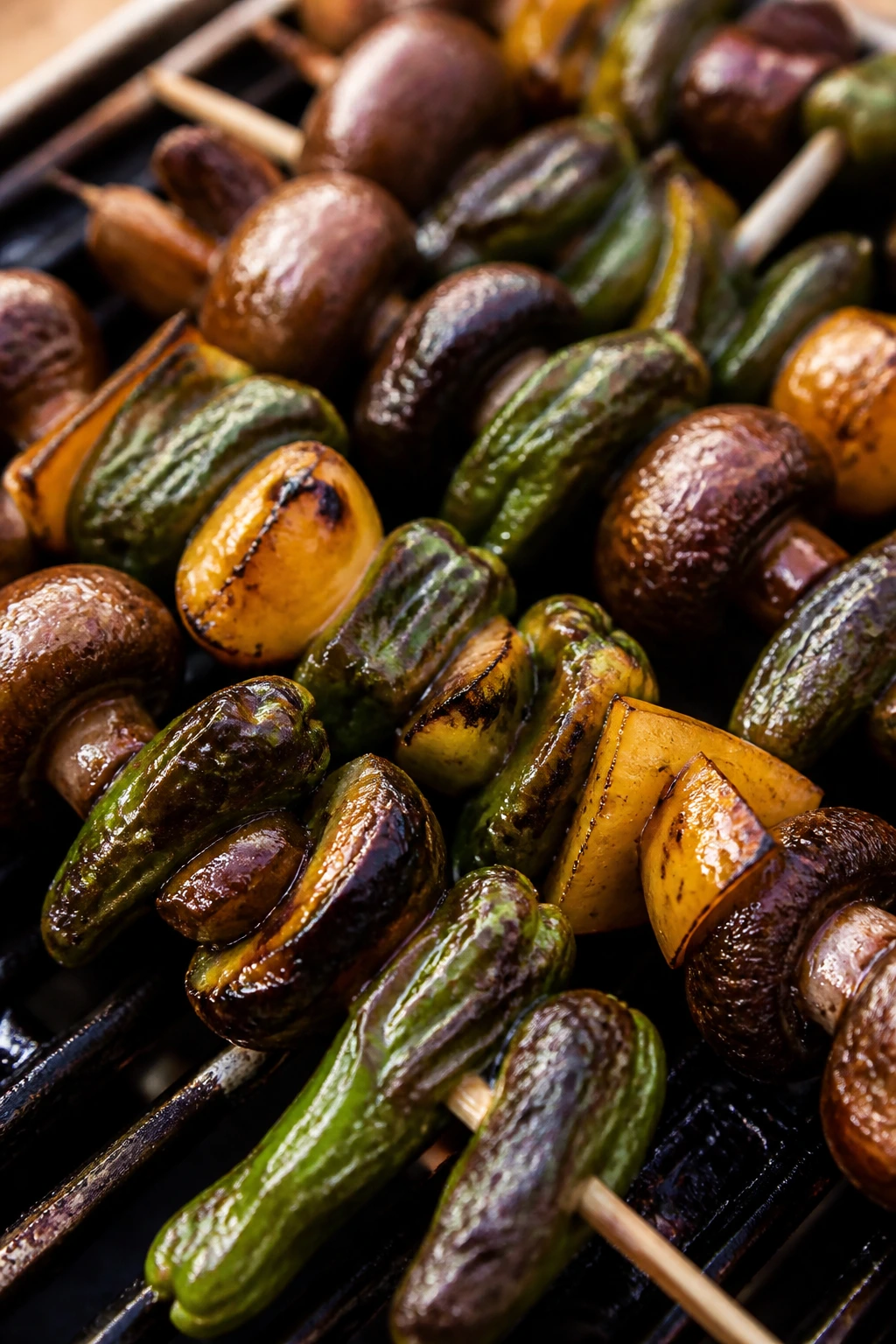Close-up of shishito peppers and mushrooms on skewers with glaze grilling