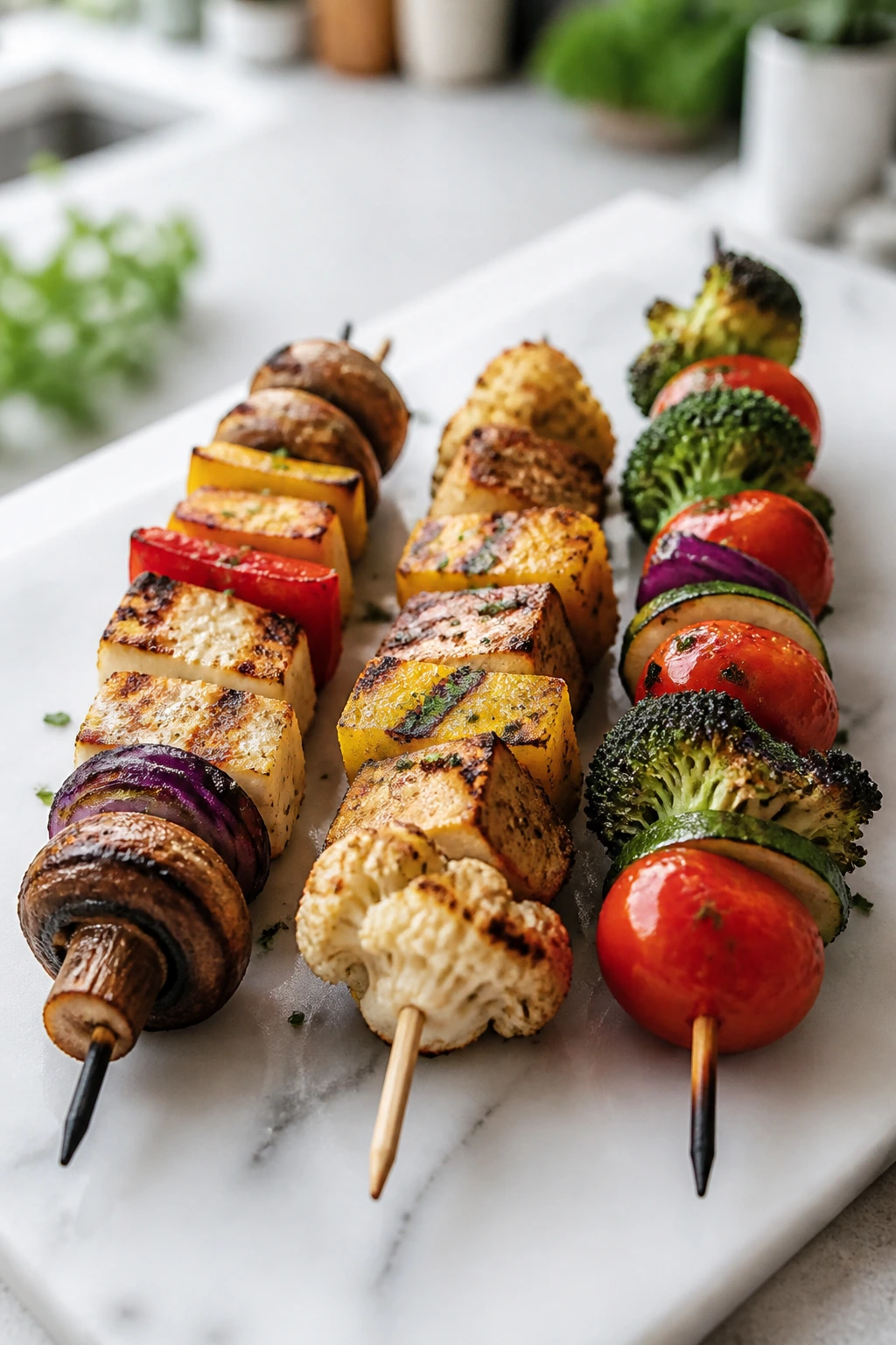 Close-up of varied vegetable skewers showing different ingredients for variations